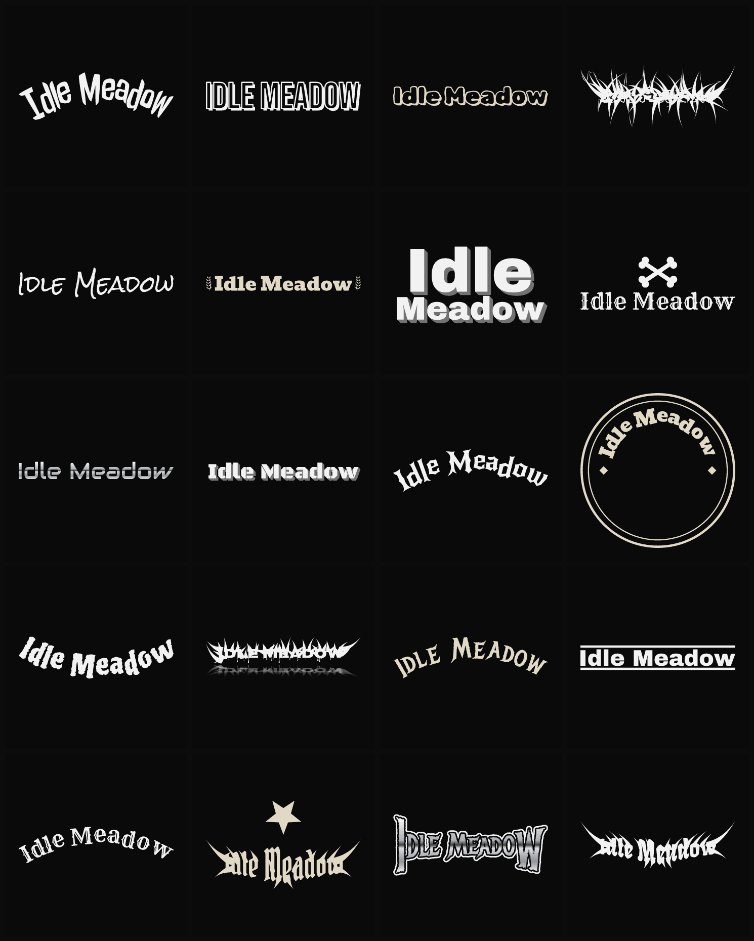 Twenty Idle Meadow band logo ideas — different faces, treatments and spike settings