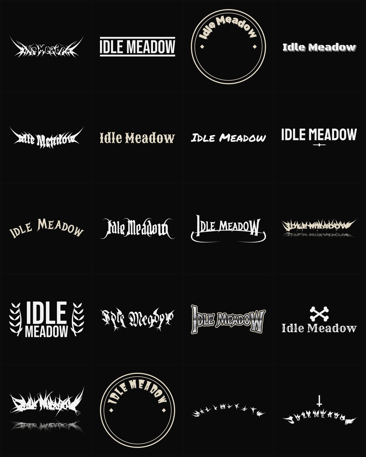Twenty Idle Meadow band logo ideas — different faces, treatments and spike settings