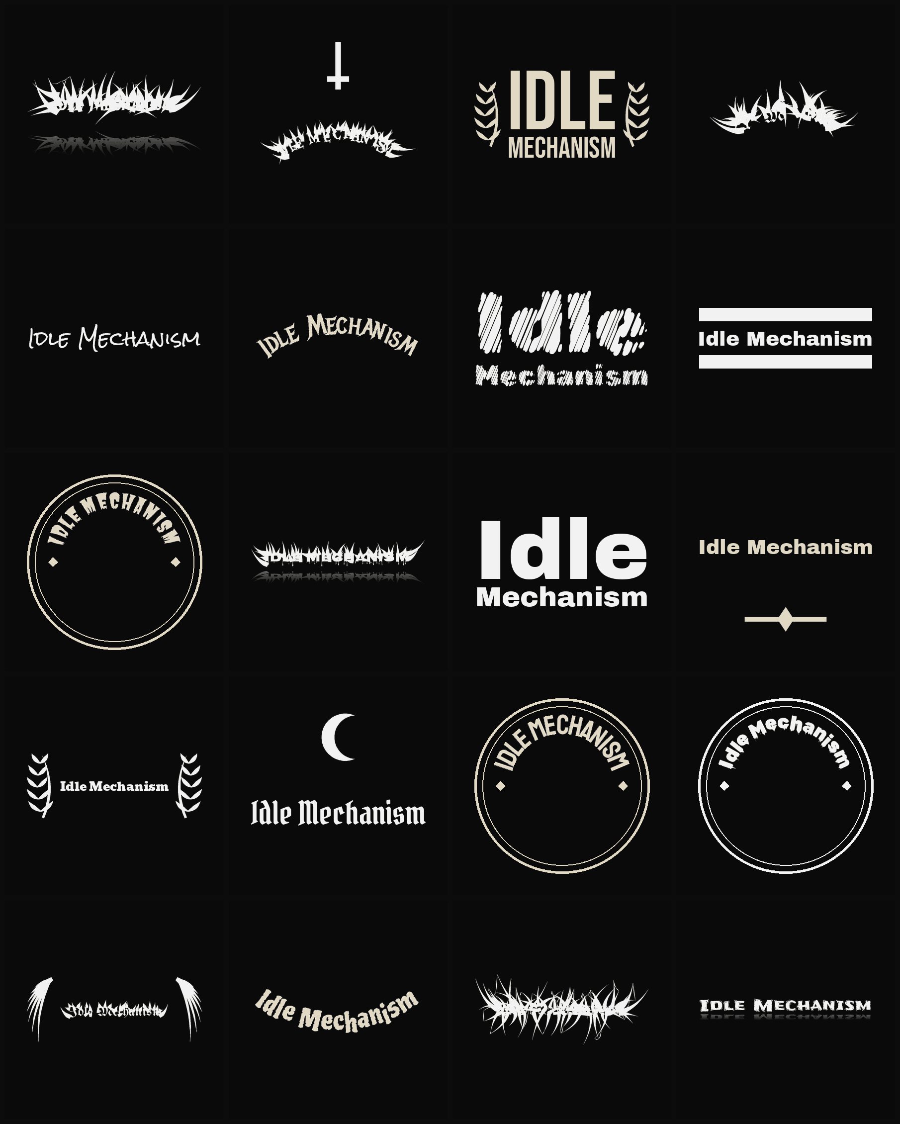 Twenty Idle Mechanism band logo ideas — different faces, treatments and spike settings