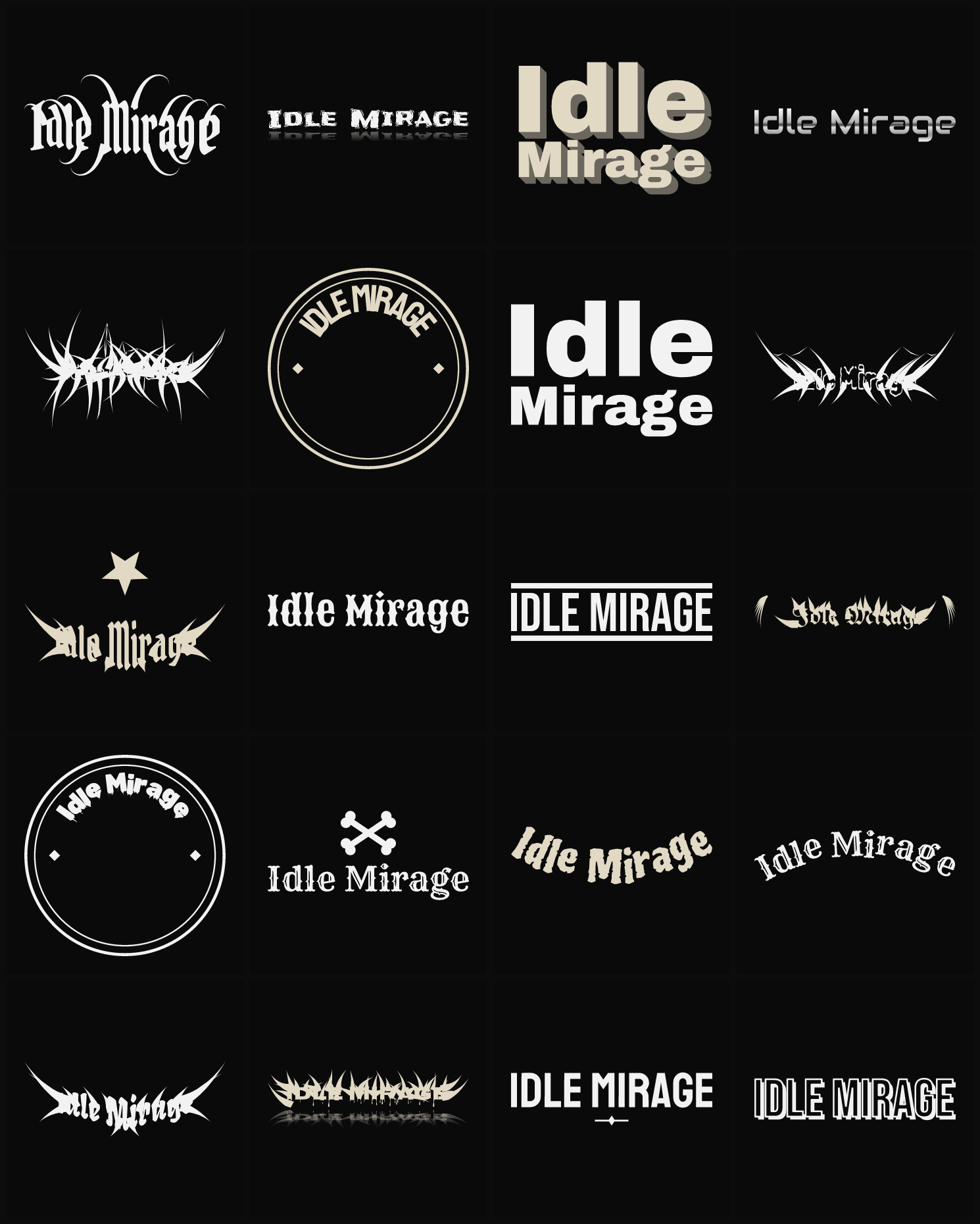 Twenty Idle Mirage band logo ideas — different faces, treatments and spike settings