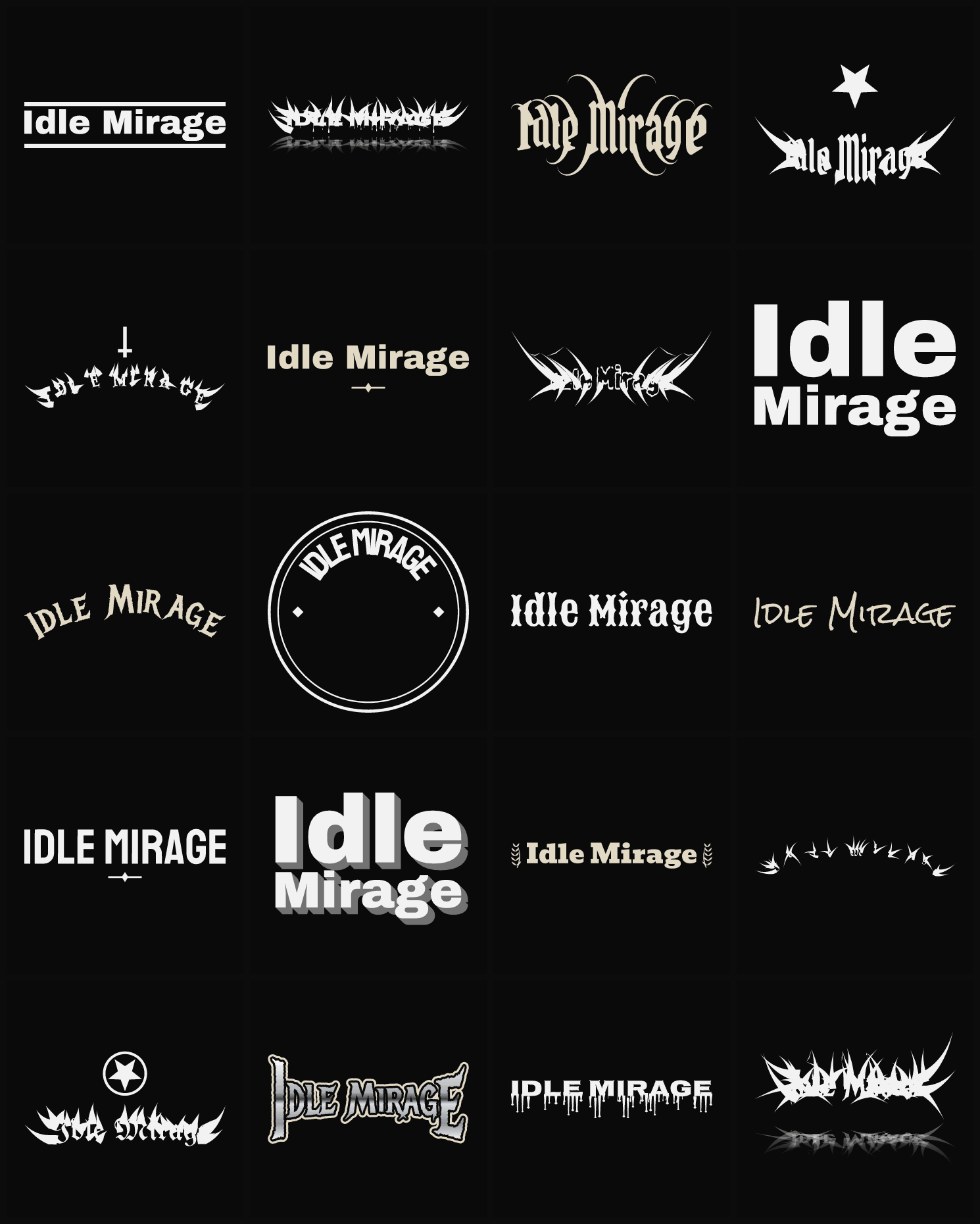 Twenty Idle Mirage band logo ideas — different faces, treatments and spike settings