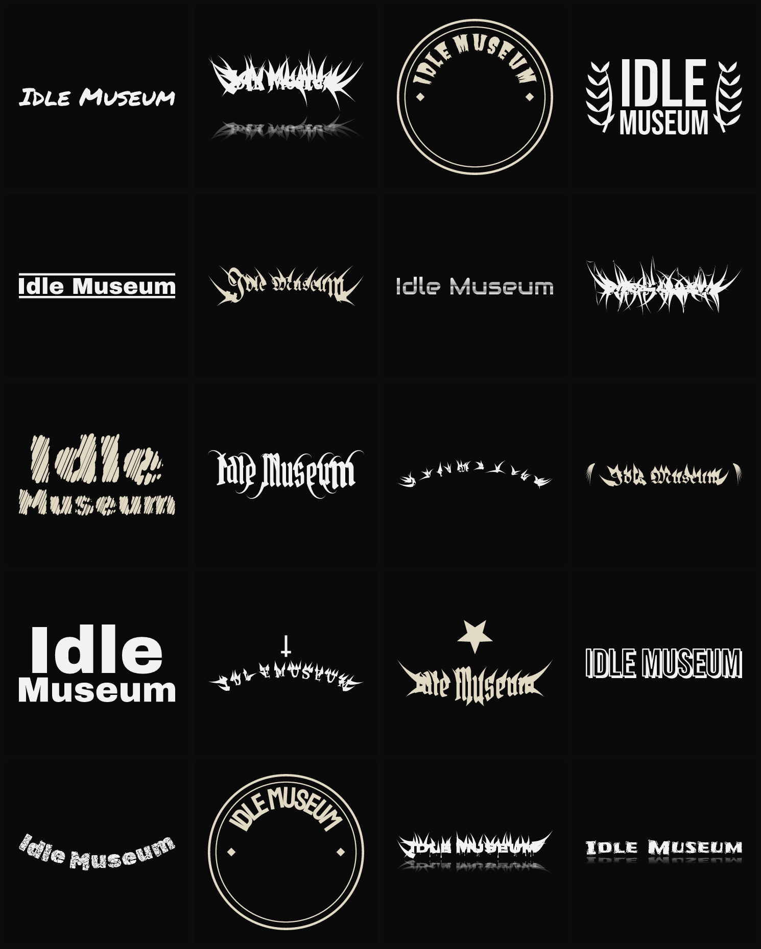 Twenty Idle Museum band logo ideas — different faces, treatments and spike settings
