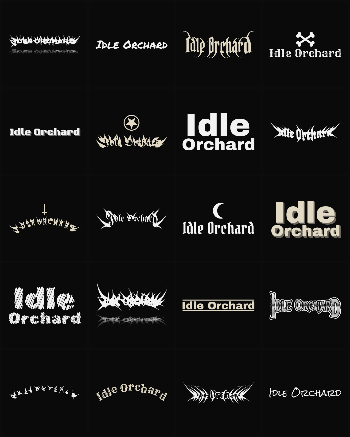 Twenty Idle Orchard band logo ideas — different faces, treatments and spike settings