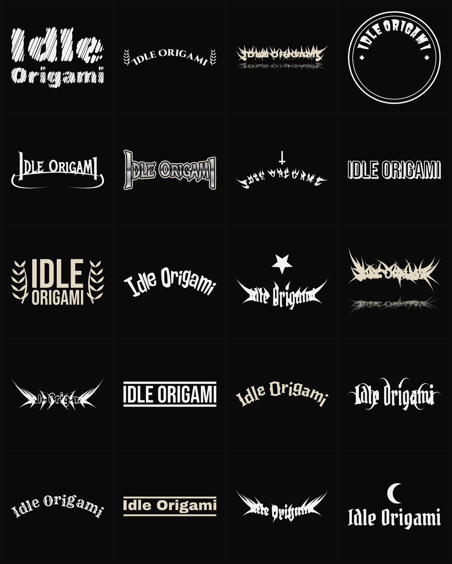 Twenty Idle Origami band logo ideas — different faces, treatments and spike settings