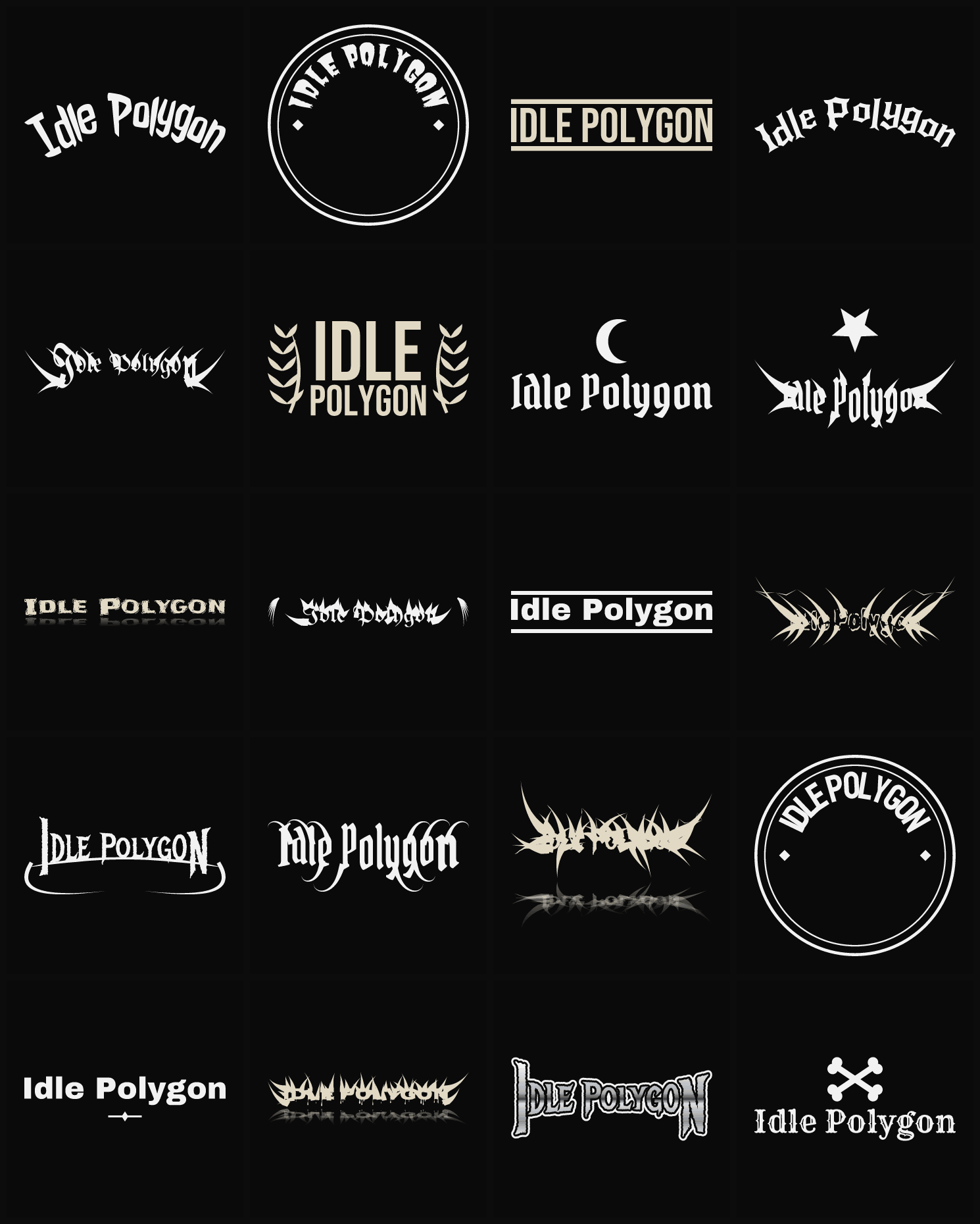 Twenty Idle Polygon band logo ideas — different faces, treatments and spike settings