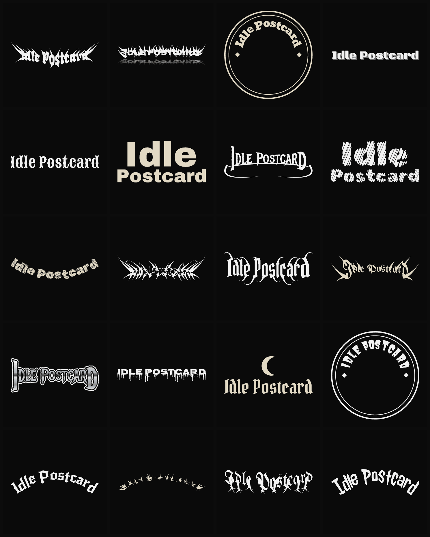 Twenty Idle Postcard band logo ideas — different faces, treatments and spike settings