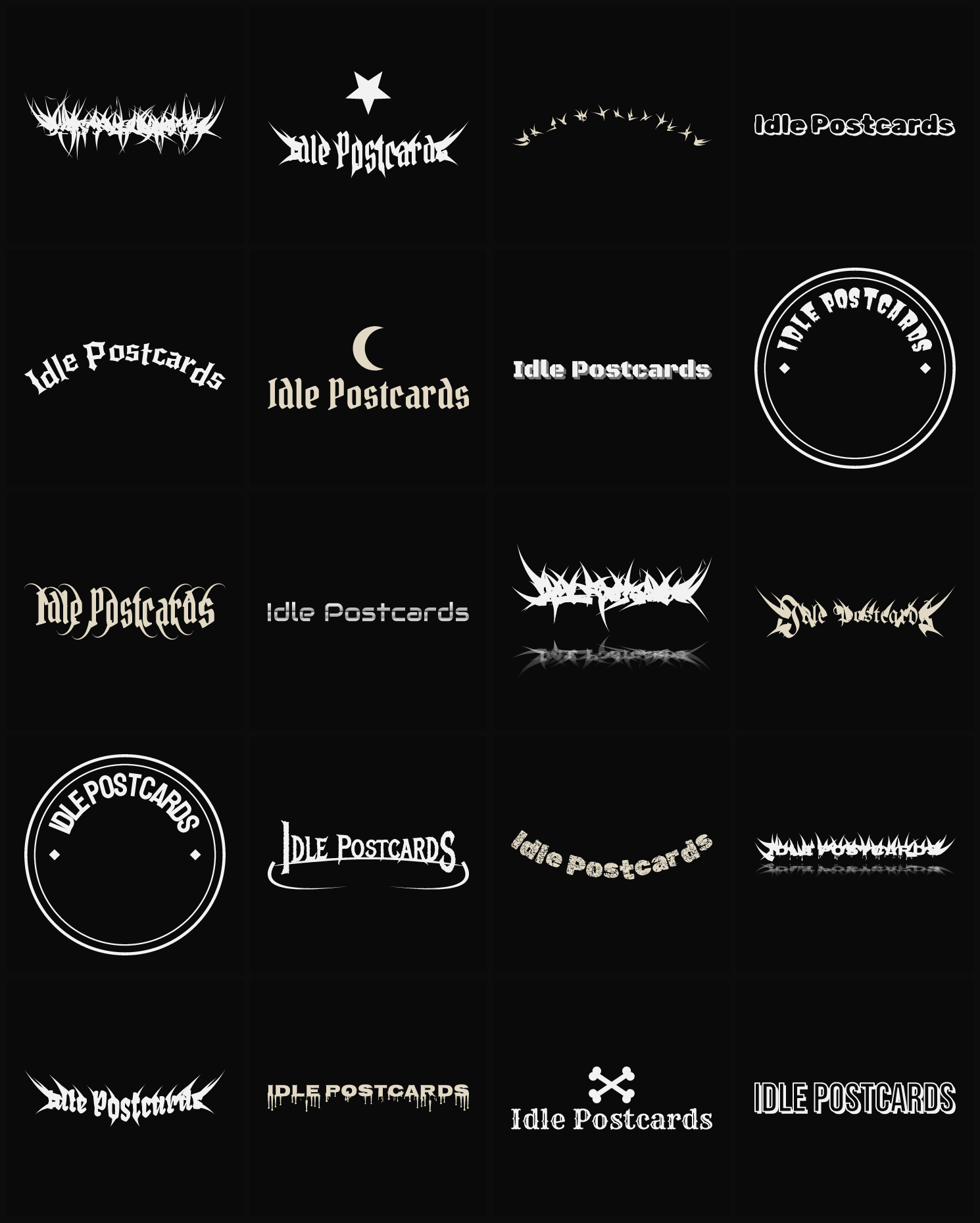Twenty Idle Postcards band logo ideas — different faces, treatments and spike settings