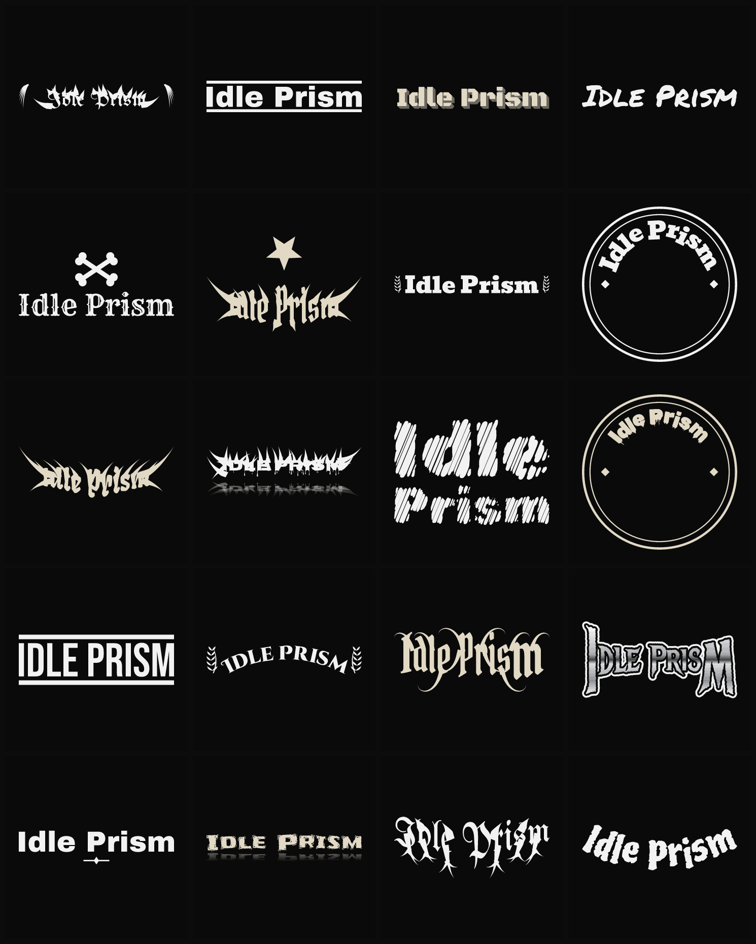Twenty Idle Prism band logo ideas — different faces, treatments and spike settings
