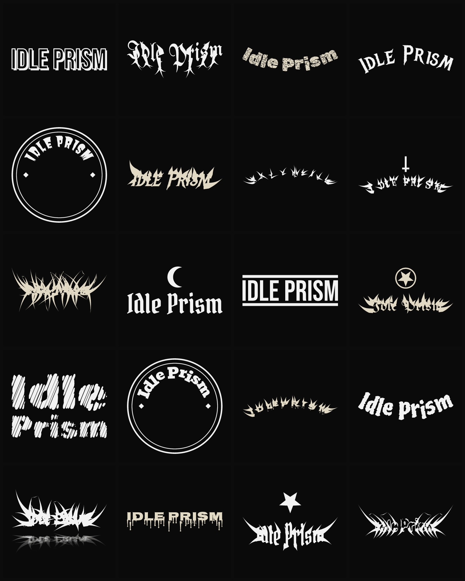 Twenty Idle Prism band logo ideas — different faces, treatments and spike settings