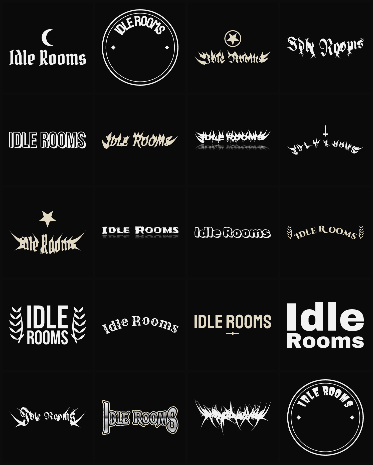 Twenty Idle Rooms band logo ideas — different faces, treatments and spike settings