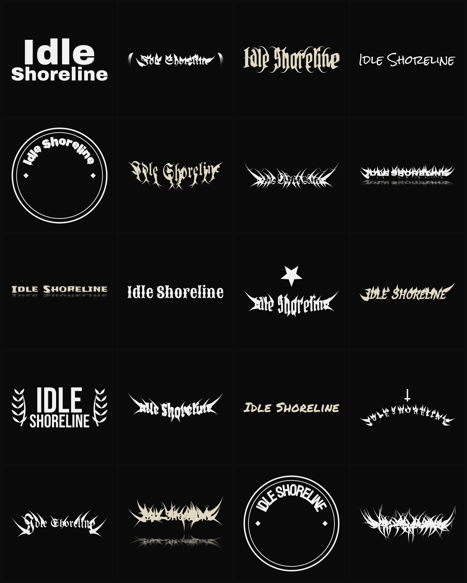 Twenty Idle Shoreline band logo ideas — different faces, treatments and spike settings
