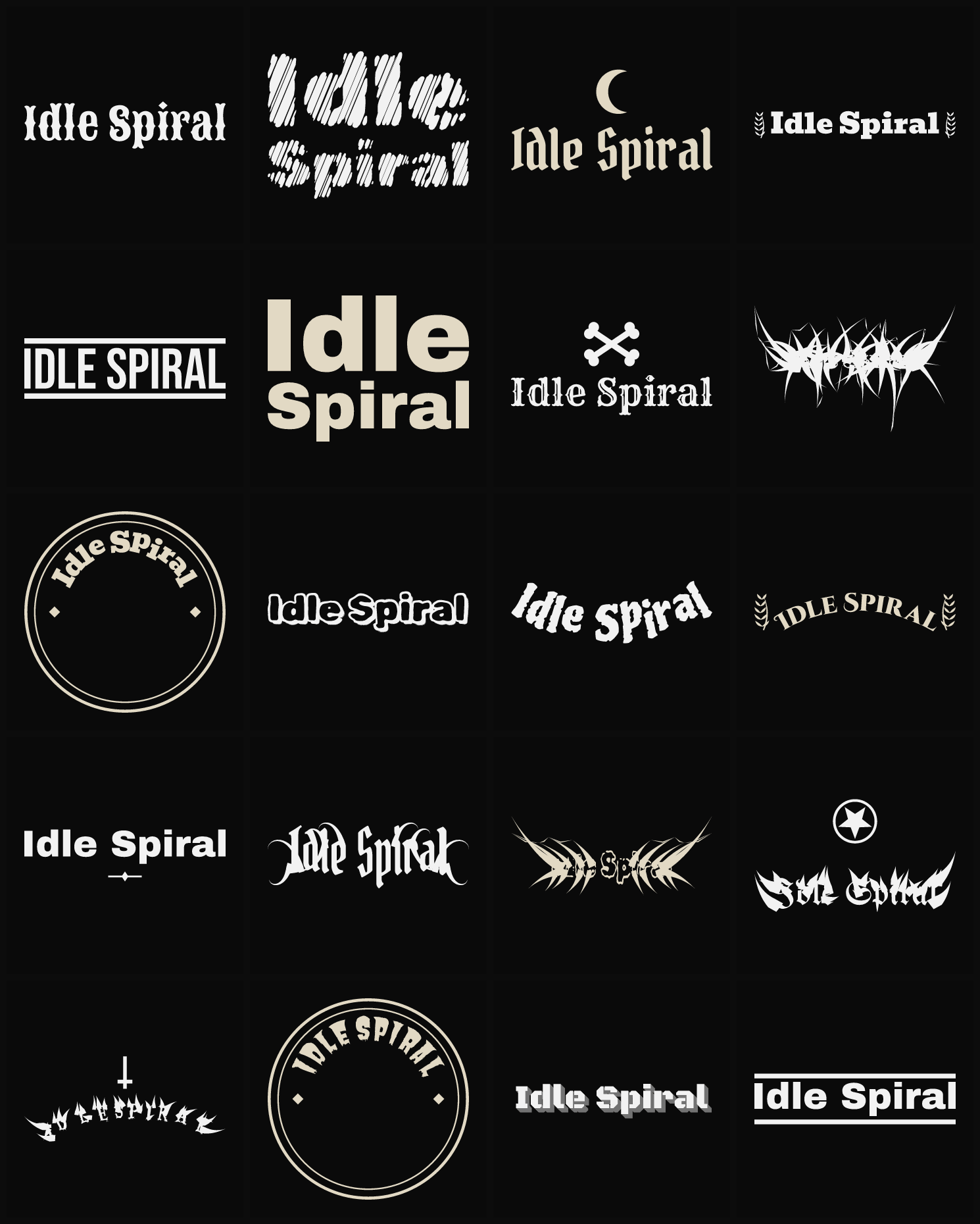 Twenty Idle Spiral band logo ideas — different faces, treatments and spike settings