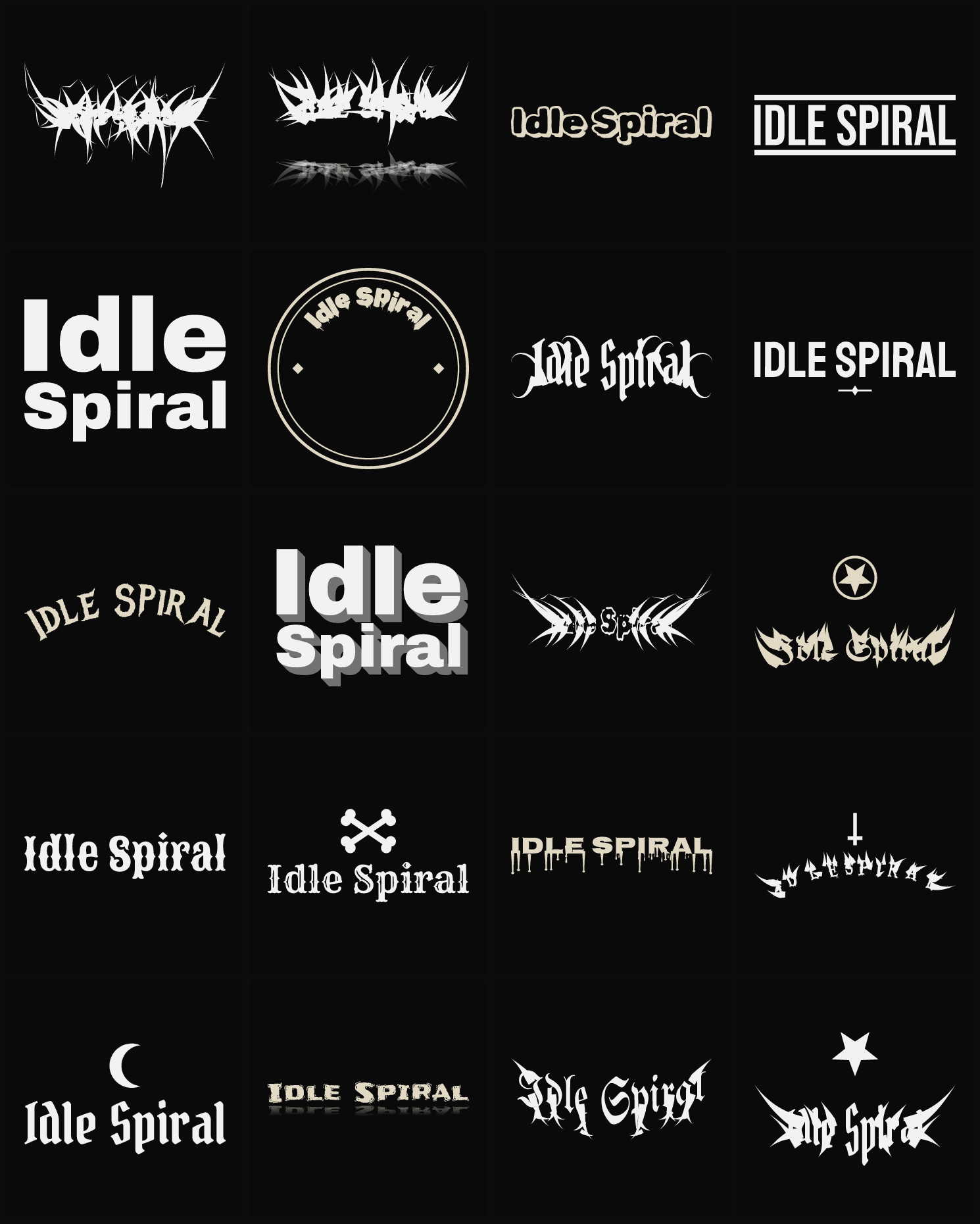Twenty Idle Spiral band logo ideas — different faces, treatments and spike settings