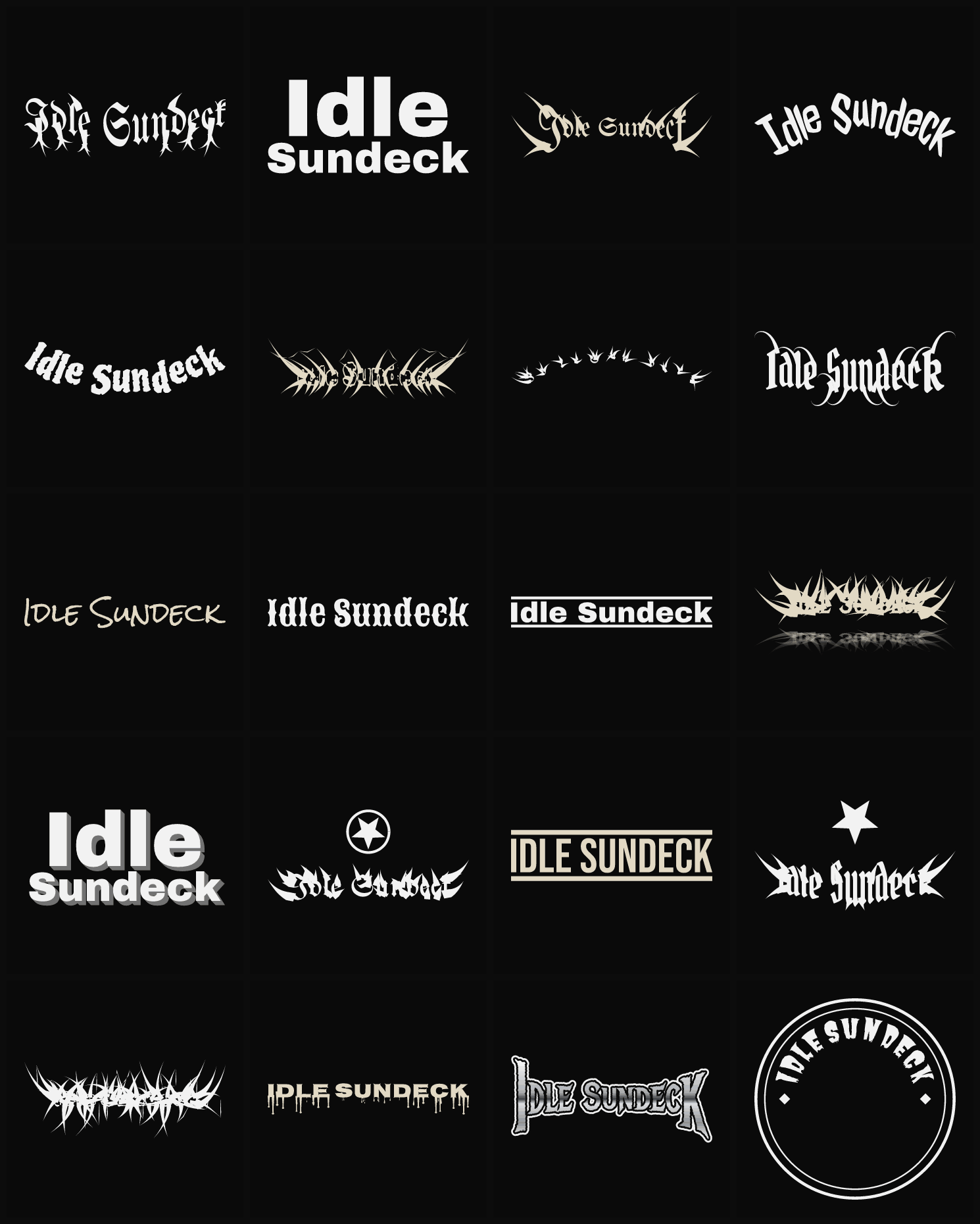 Twenty Idle Sundeck band logo ideas — different faces, treatments and spike settings