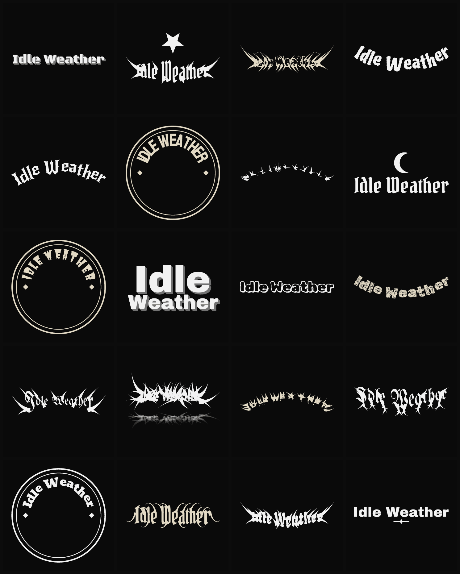 Twenty Idle Weather band logo ideas — different faces, treatments and spike settings