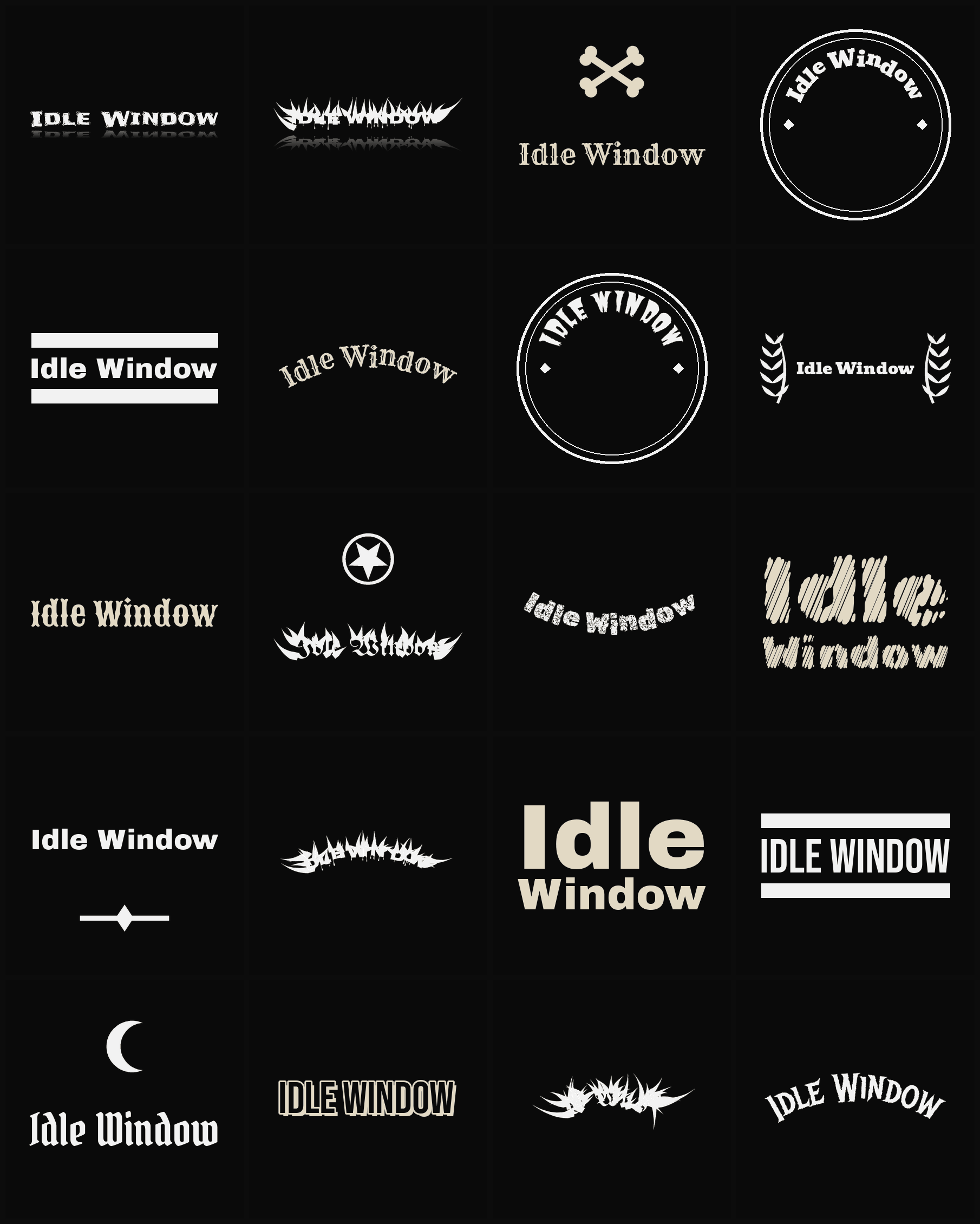 Twenty Idle Window band logo ideas — different faces, treatments and spike settings