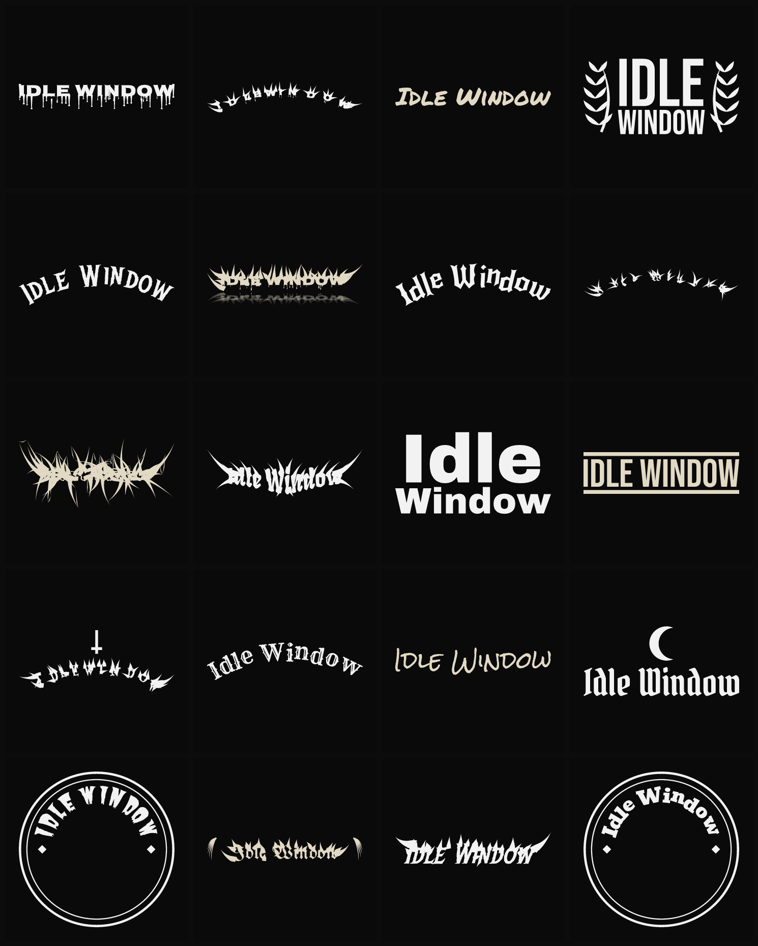 Twenty Idle Window band logo ideas — different faces, treatments and spike settings