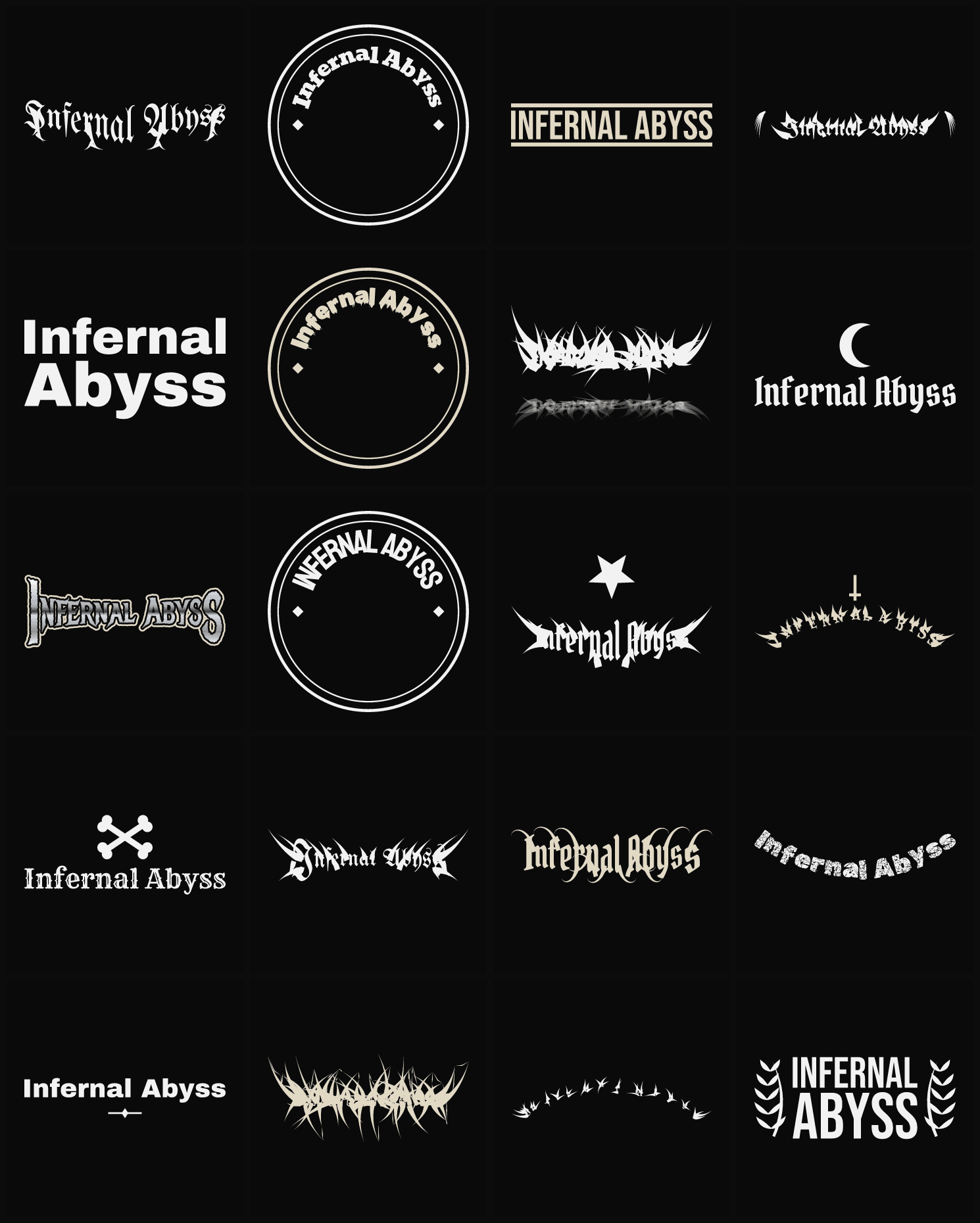 Twenty Infernal Abyss band logo ideas — different faces, treatments and spike settings
