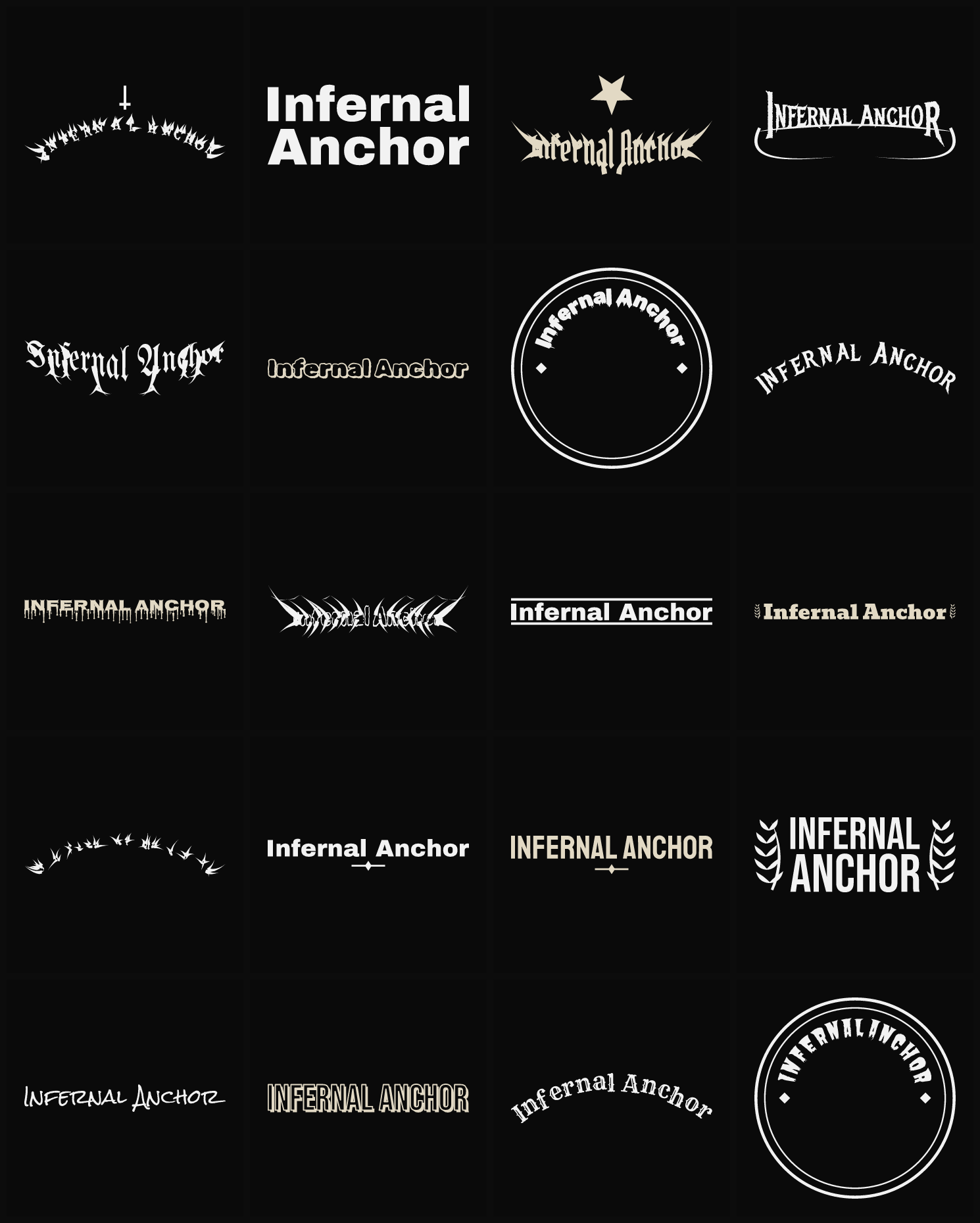 Twenty Infernal Anchor band logo ideas — different faces, treatments and spike settings