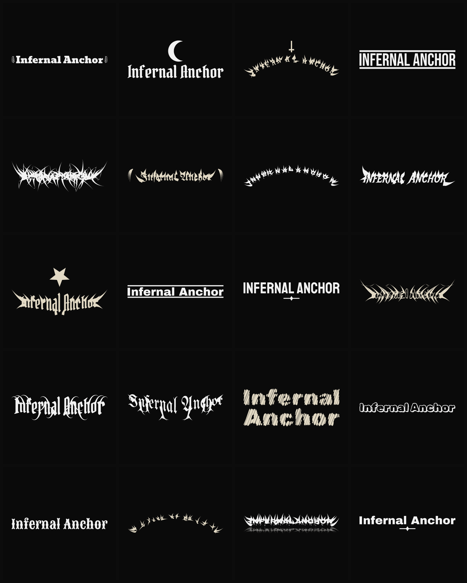 Twenty Infernal Anchor band logo ideas — different faces, treatments and spike settings