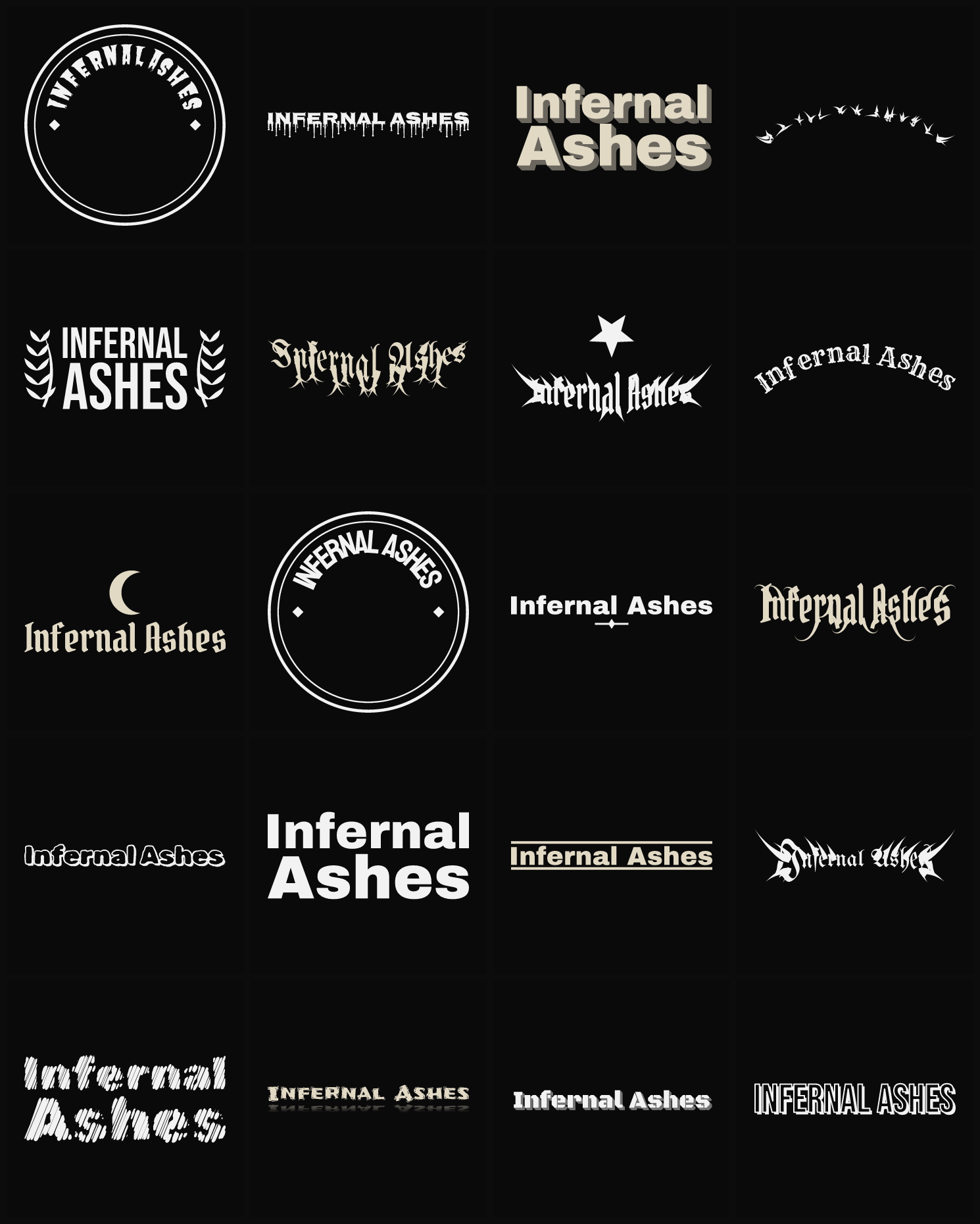Twenty Infernal Ashes band logo ideas — different faces, treatments and spike settings