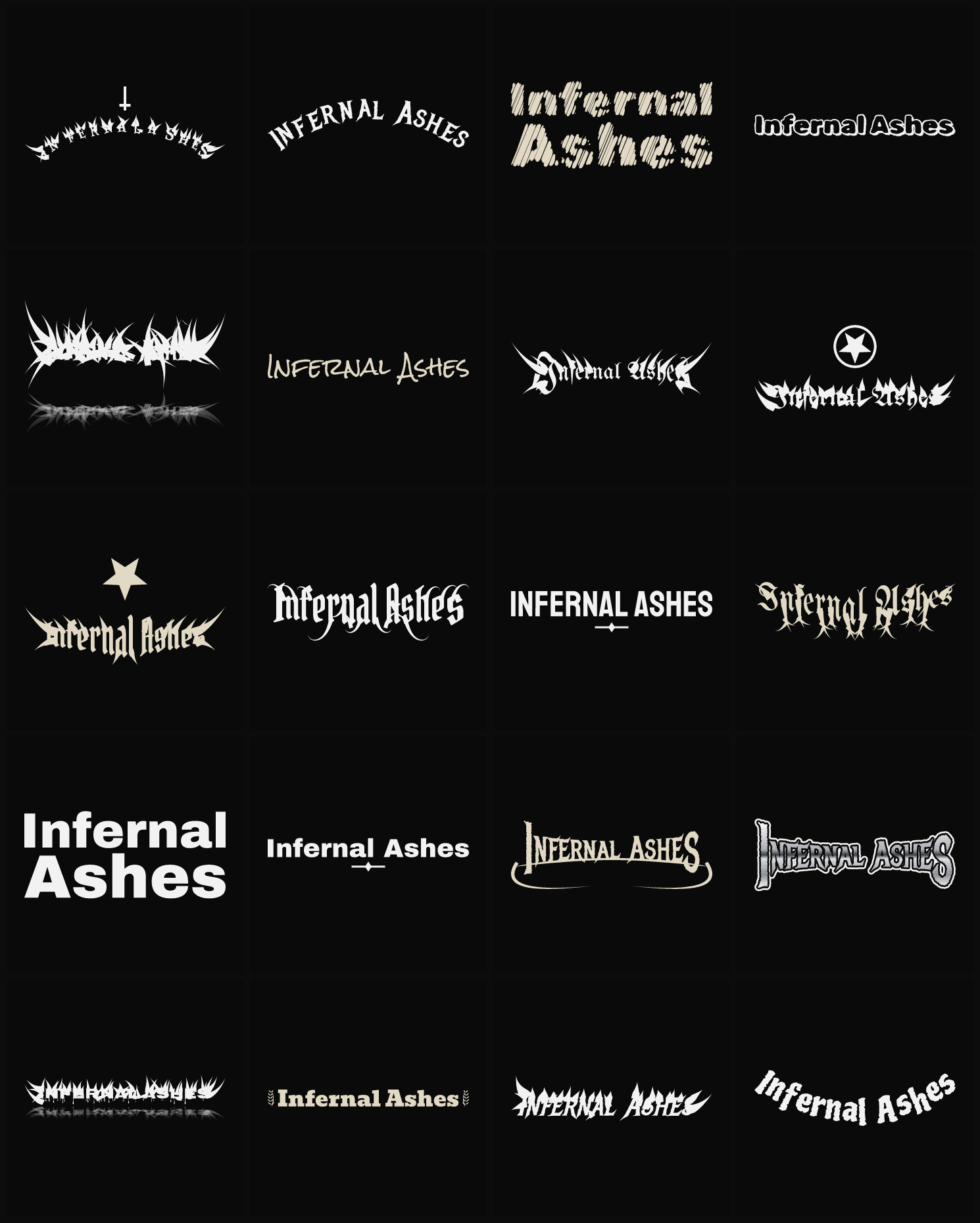 Twenty Infernal Ashes band logo ideas — different faces, treatments and spike settings