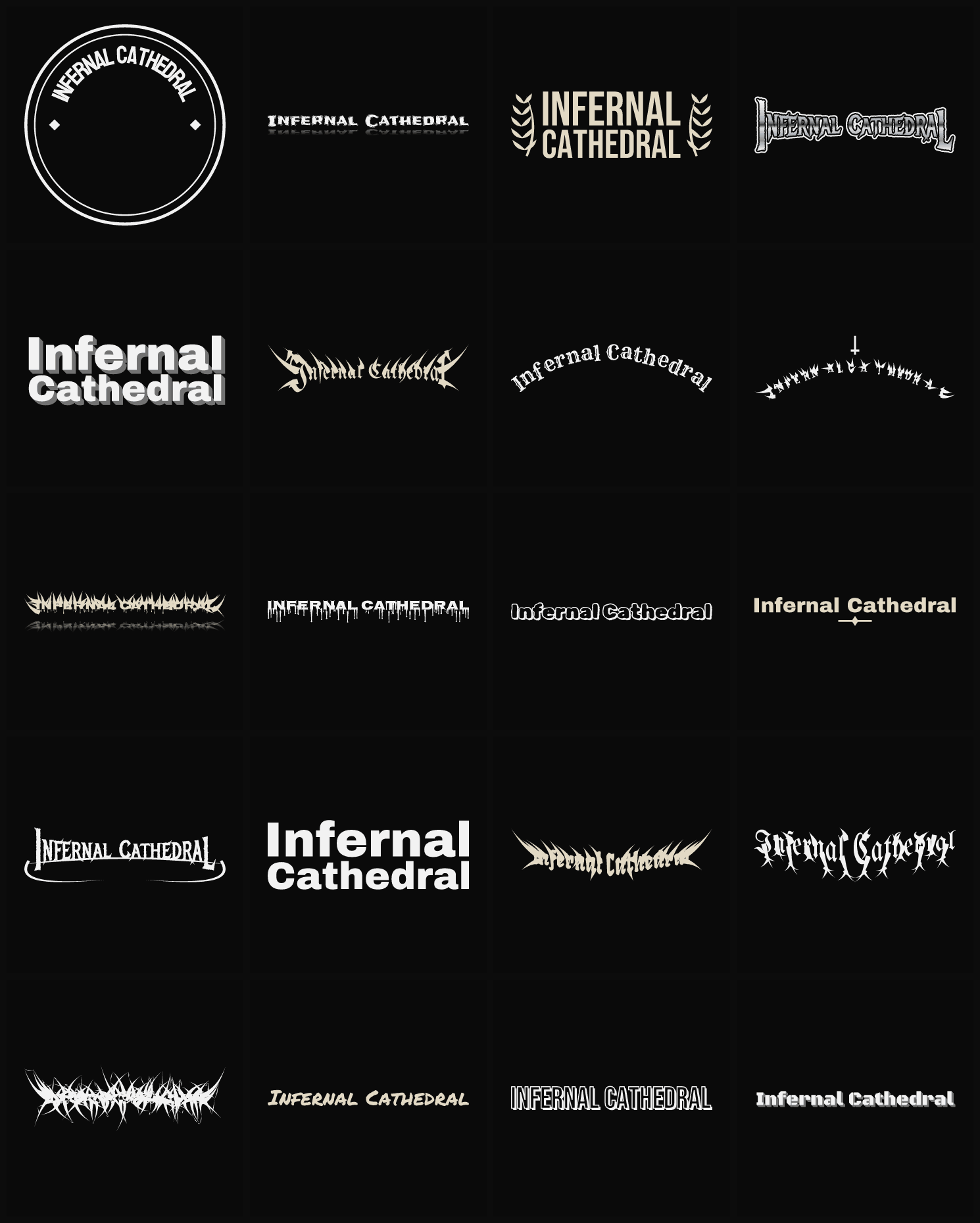 Twenty Infernal Cathedral band logo ideas — different faces, treatments and spike settings