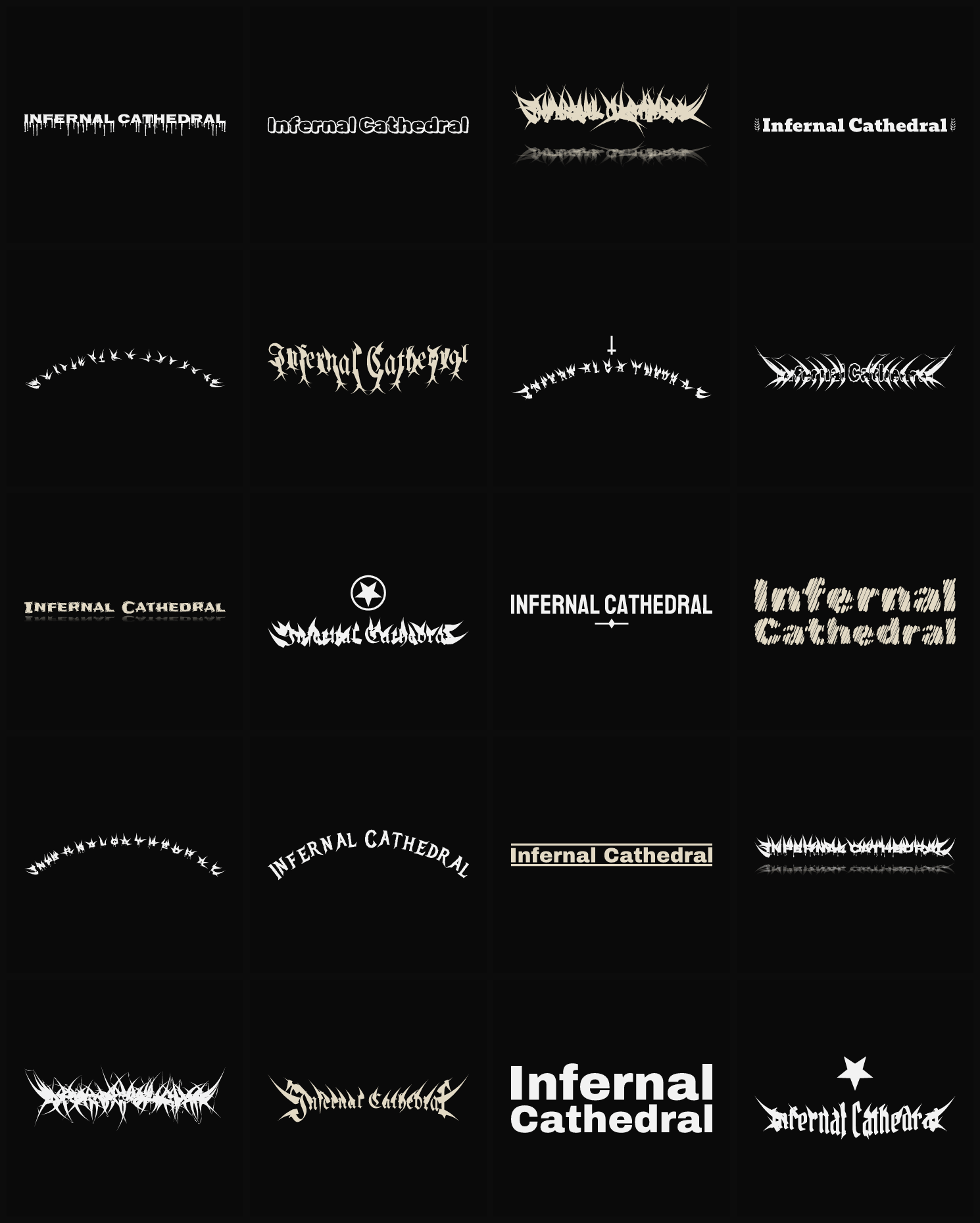 Twenty Infernal Cathedral band logo ideas — different faces, treatments and spike settings