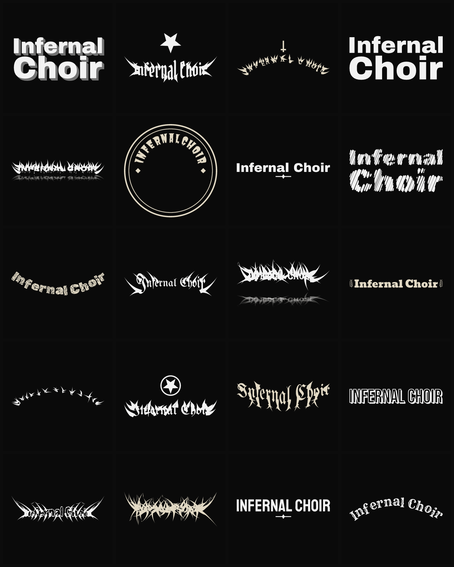 Twenty Infernal Choir band logo ideas — different faces, treatments and spike settings