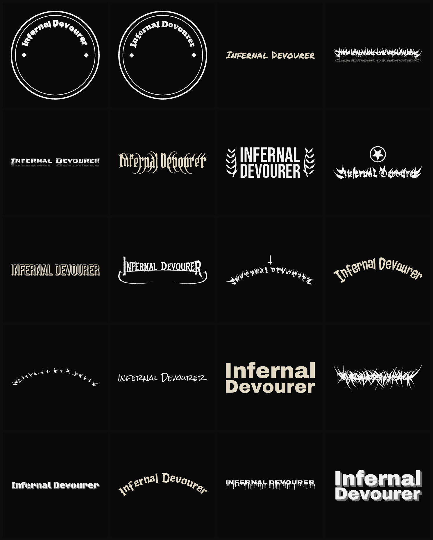 Twenty Infernal Devourer band logo ideas — different faces, treatments and spike settings