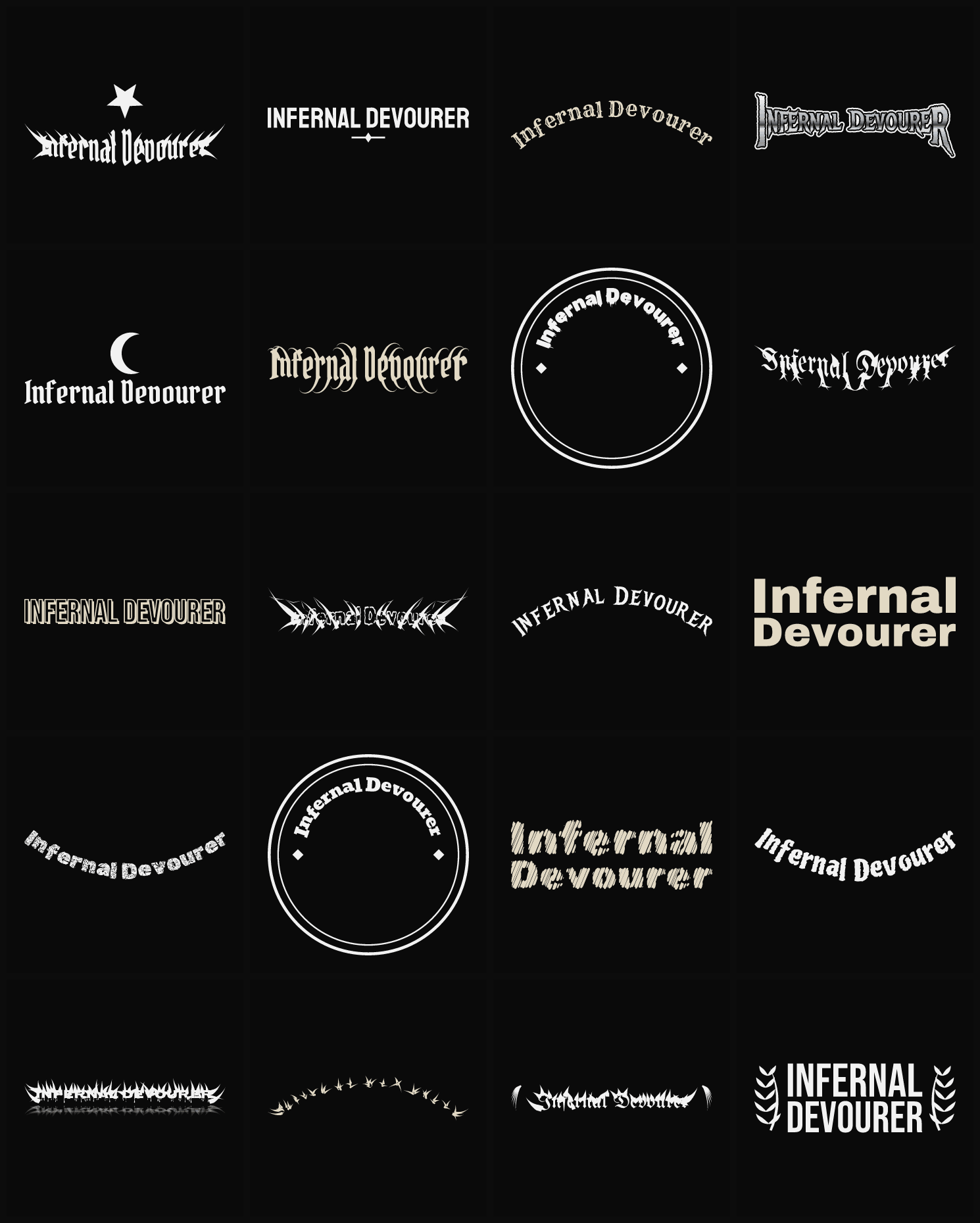 Twenty Infernal Devourer band logo ideas — different faces, treatments and spike settings