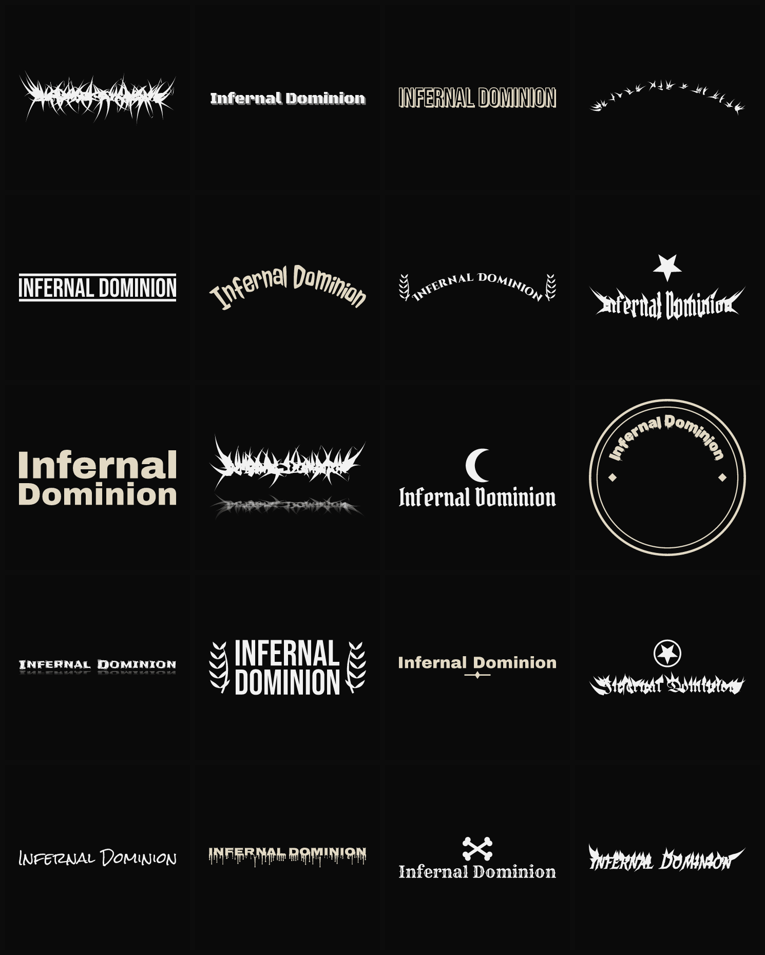 Twenty Infernal Dominion band logo ideas — different faces, treatments and spike settings