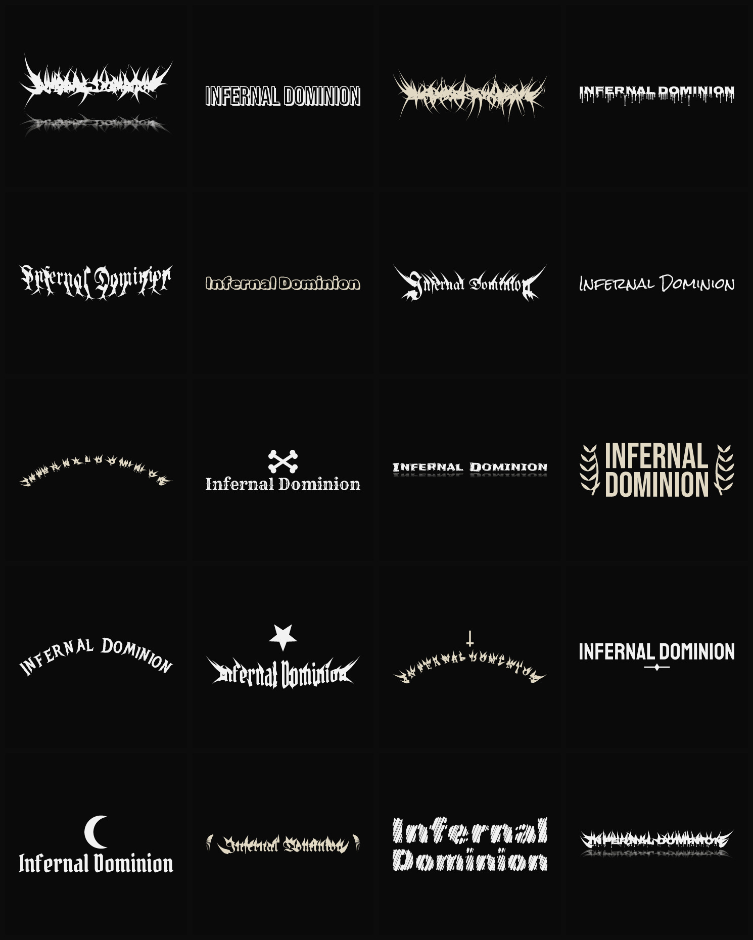 Twenty Infernal Dominion band logo ideas — different faces, treatments and spike settings