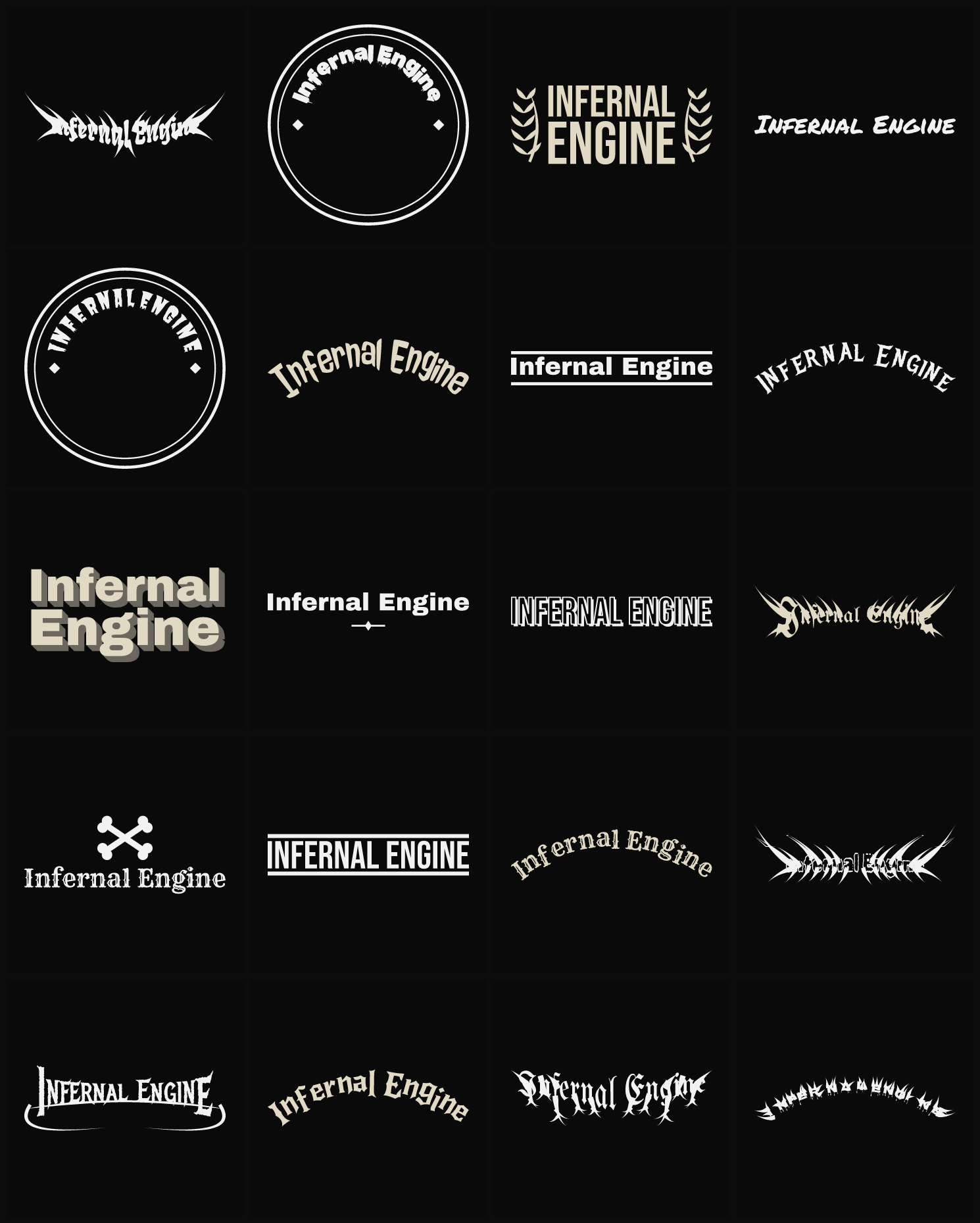 Twenty Infernal Engine band logo ideas — different faces, treatments and spike settings