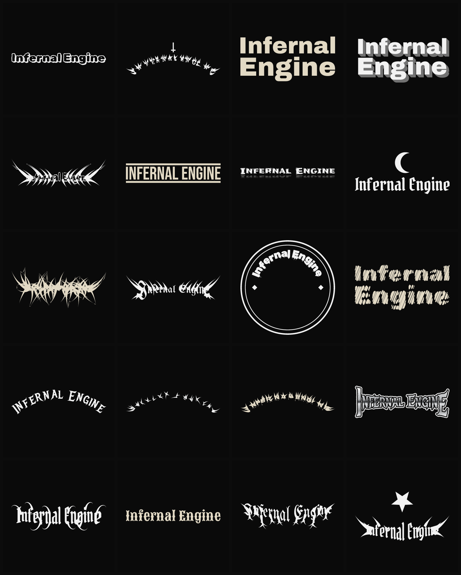 Twenty Infernal Engine band logo ideas — different faces, treatments and spike settings