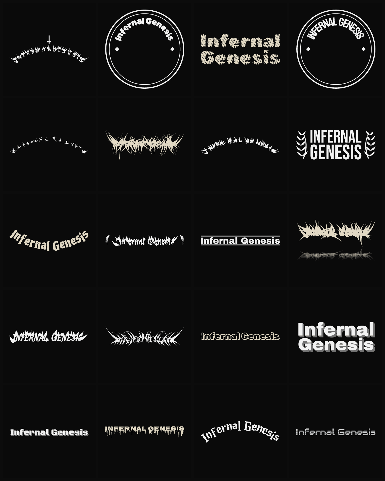 Twenty Infernal Genesis band logo ideas — different faces, treatments and spike settings