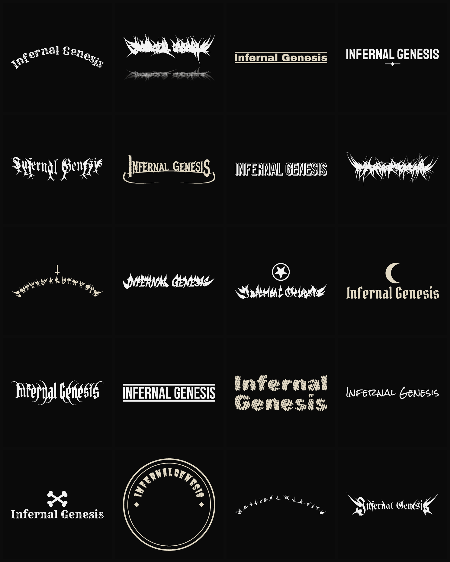 Twenty Infernal Genesis band logo ideas — different faces, treatments and spike settings