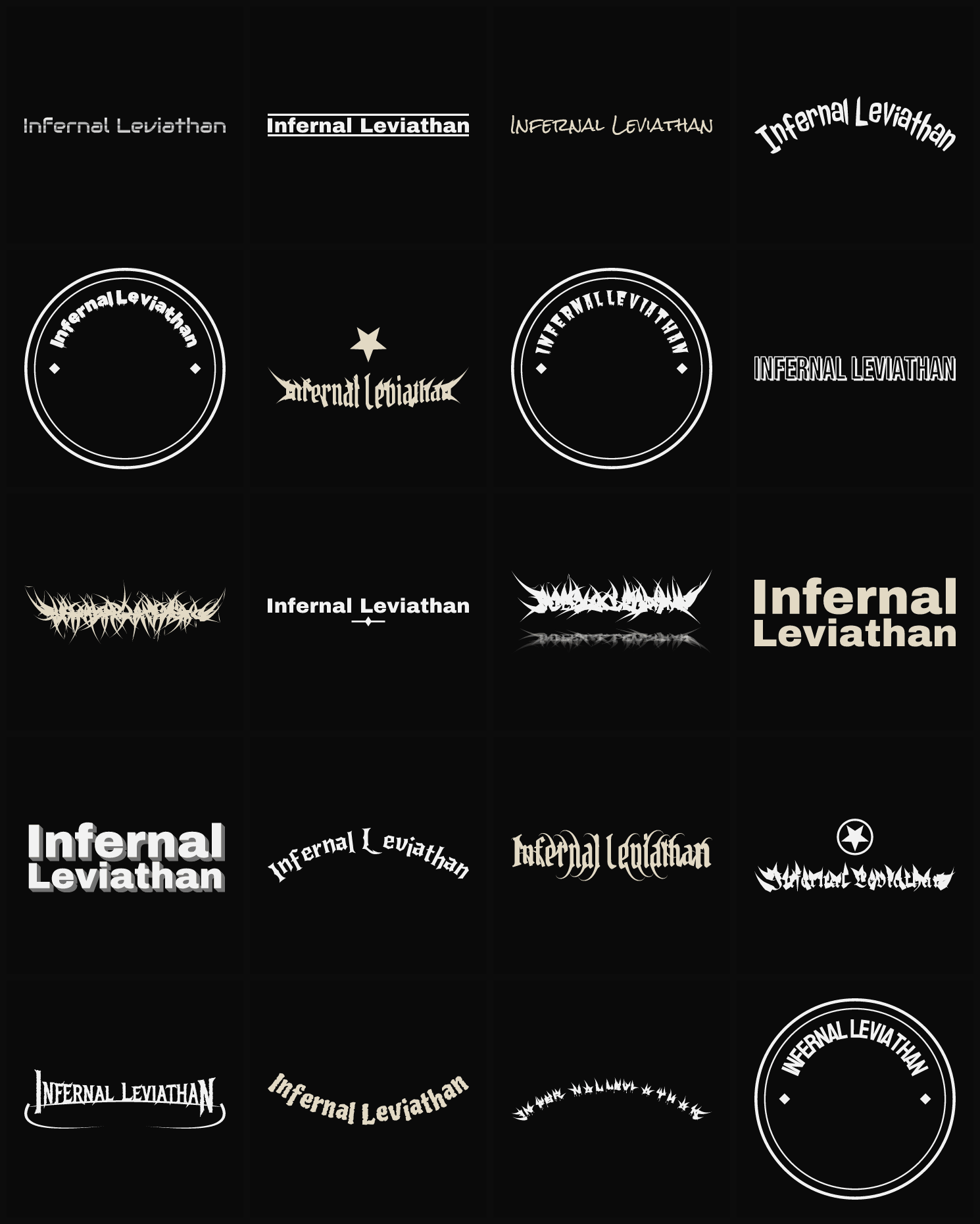 Twenty Infernal Leviathan band logo ideas — different faces, treatments and spike settings