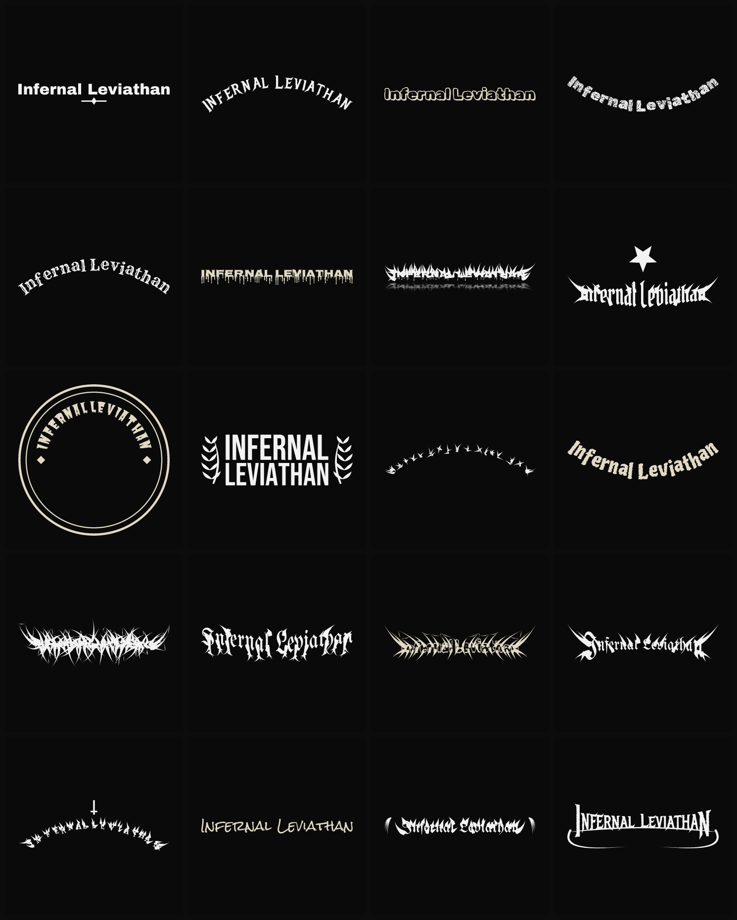 Twenty Infernal Leviathan band logo ideas — different faces, treatments and spike settings