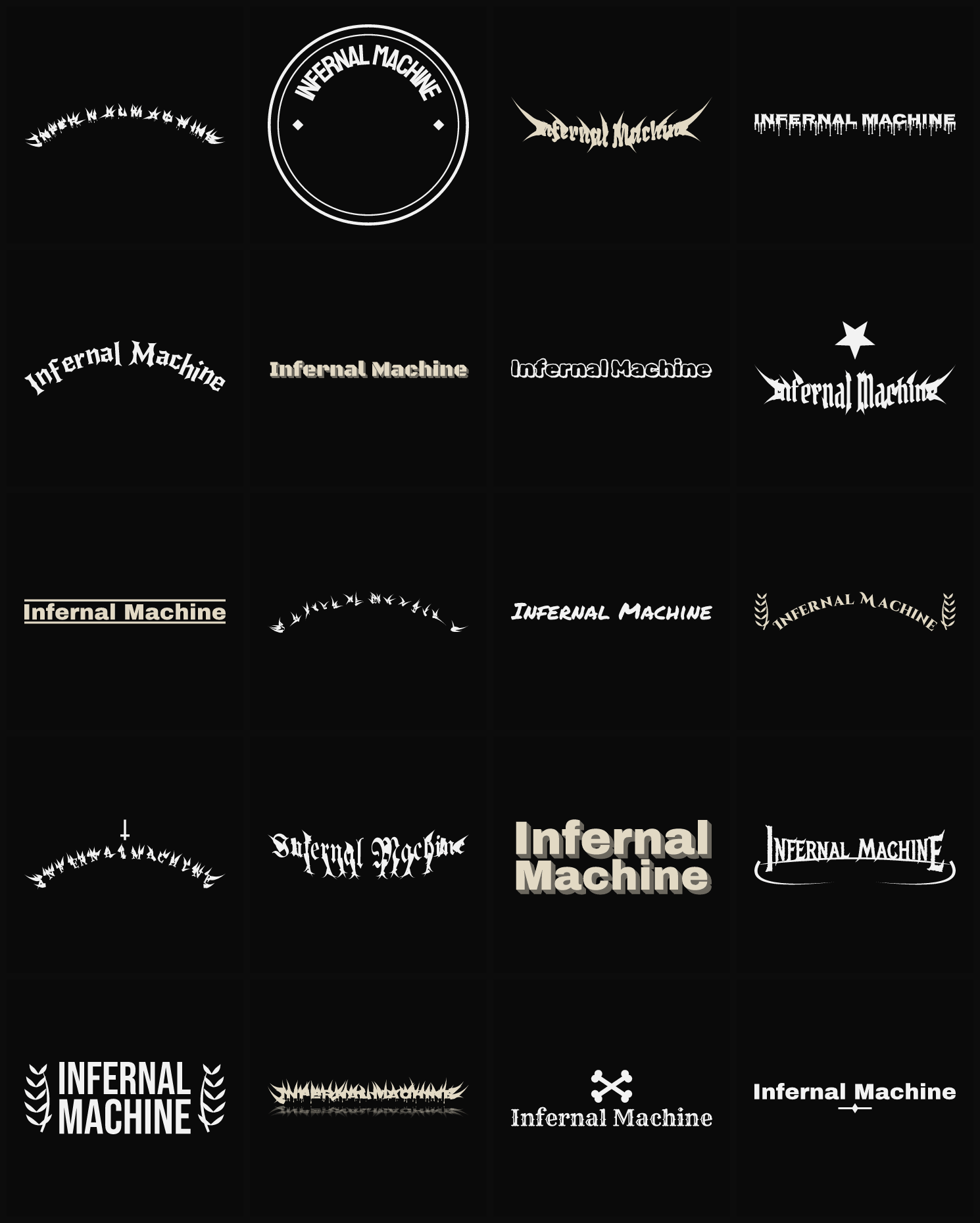 Twenty Infernal Machine band logo ideas — different faces, treatments and spike settings