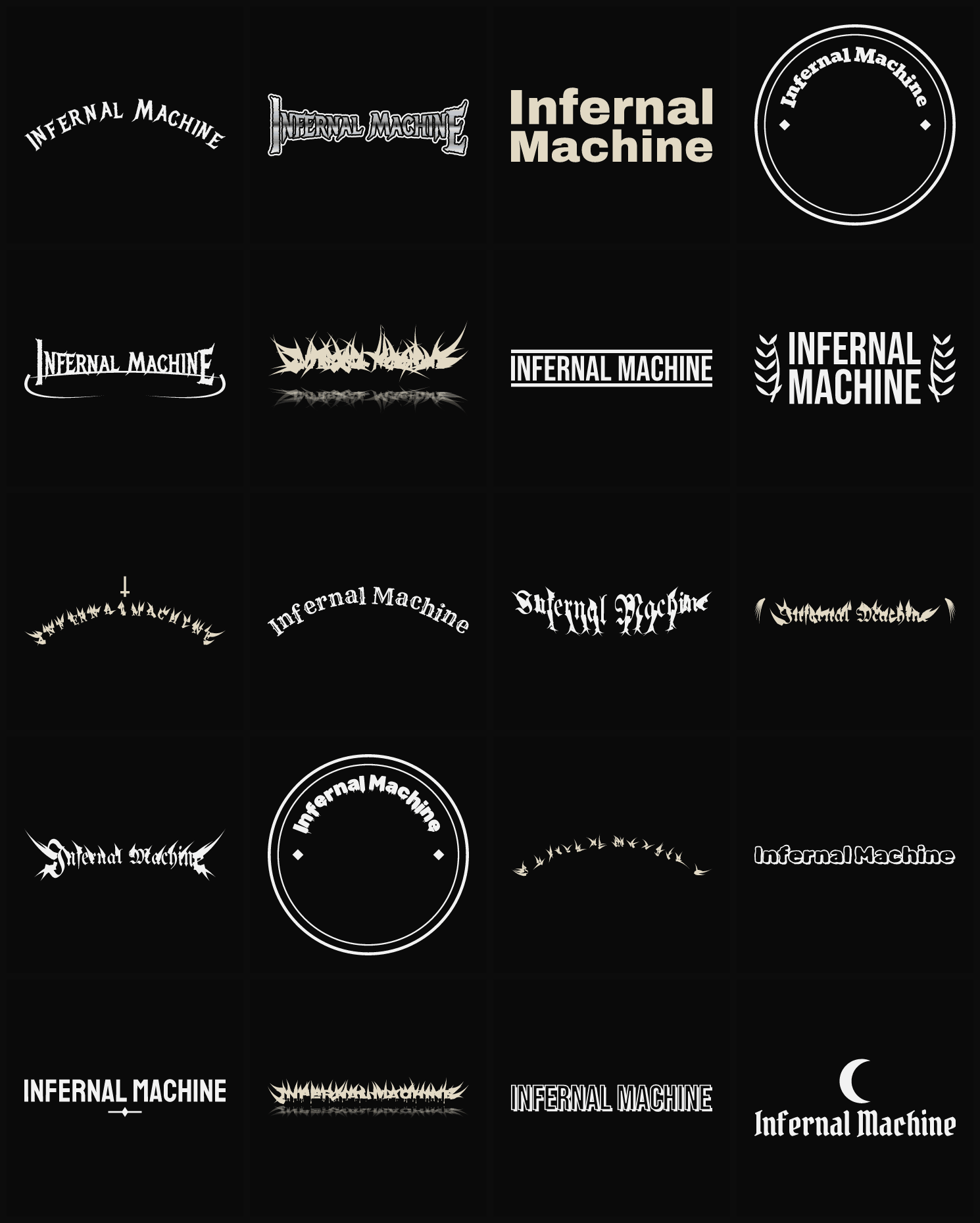 Twenty Infernal Machine band logo ideas — different faces, treatments and spike settings
