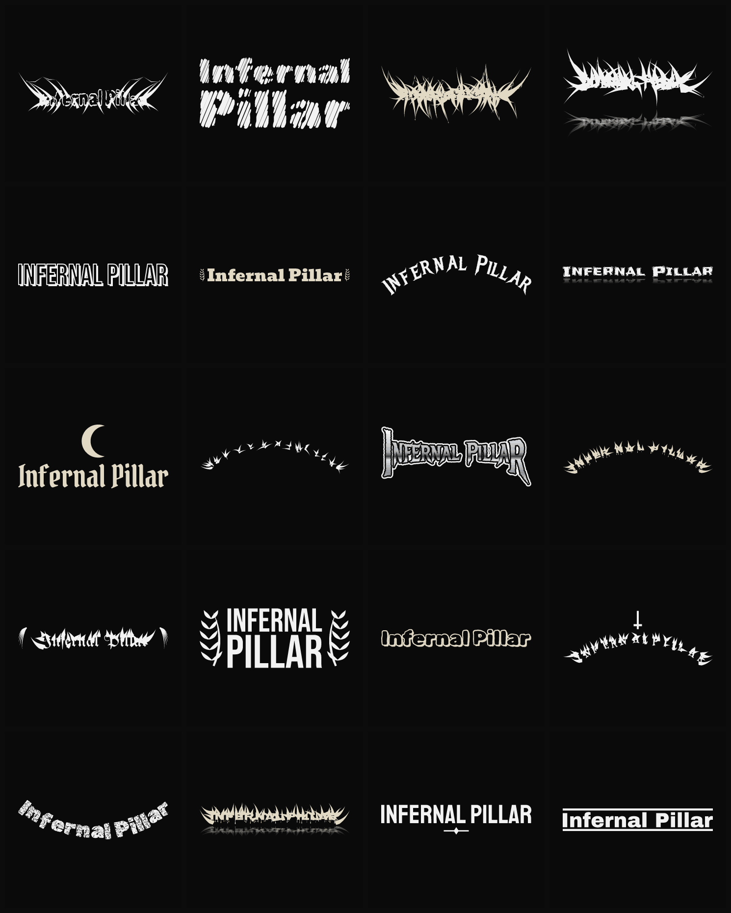Twenty Infernal Pillar band logo ideas — different faces, treatments and spike settings