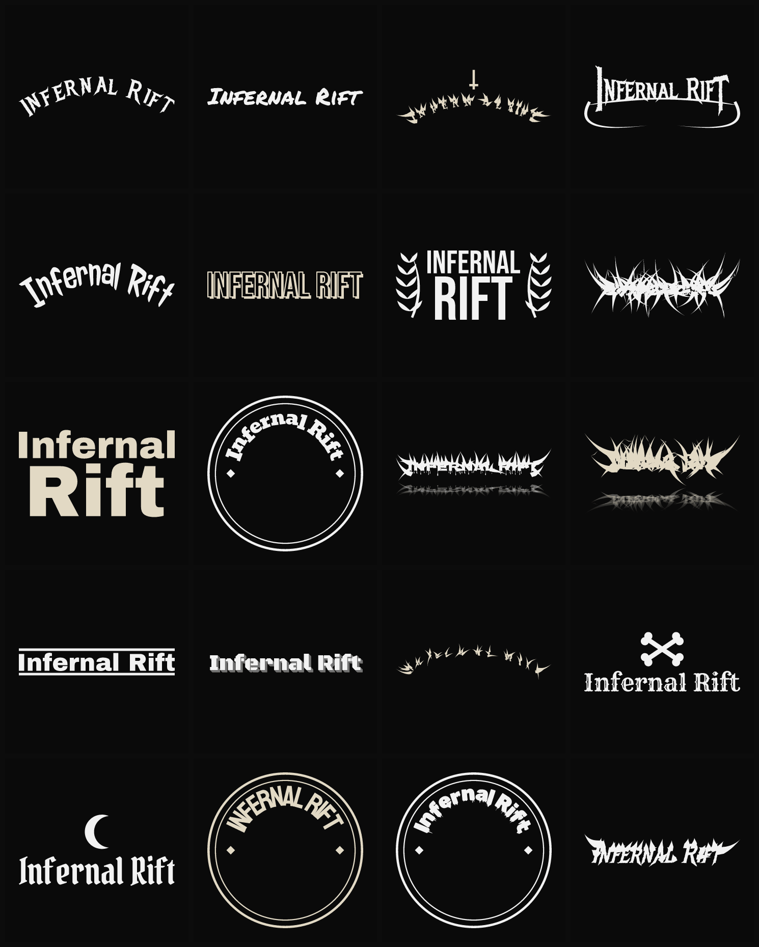 Twenty Infernal Rift band logo ideas — different faces, treatments and spike settings