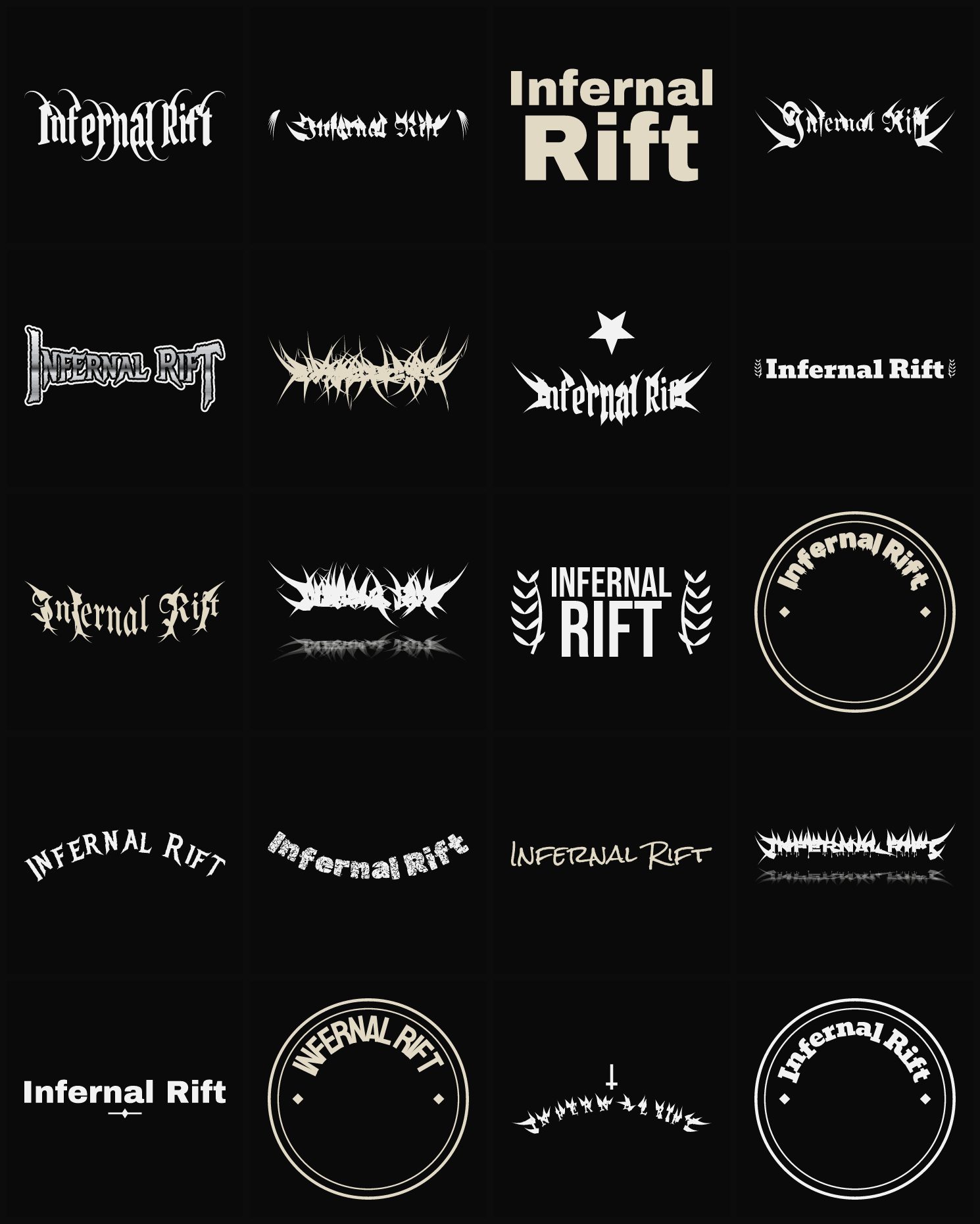 Twenty Infernal Rift band logo ideas — different faces, treatments and spike settings