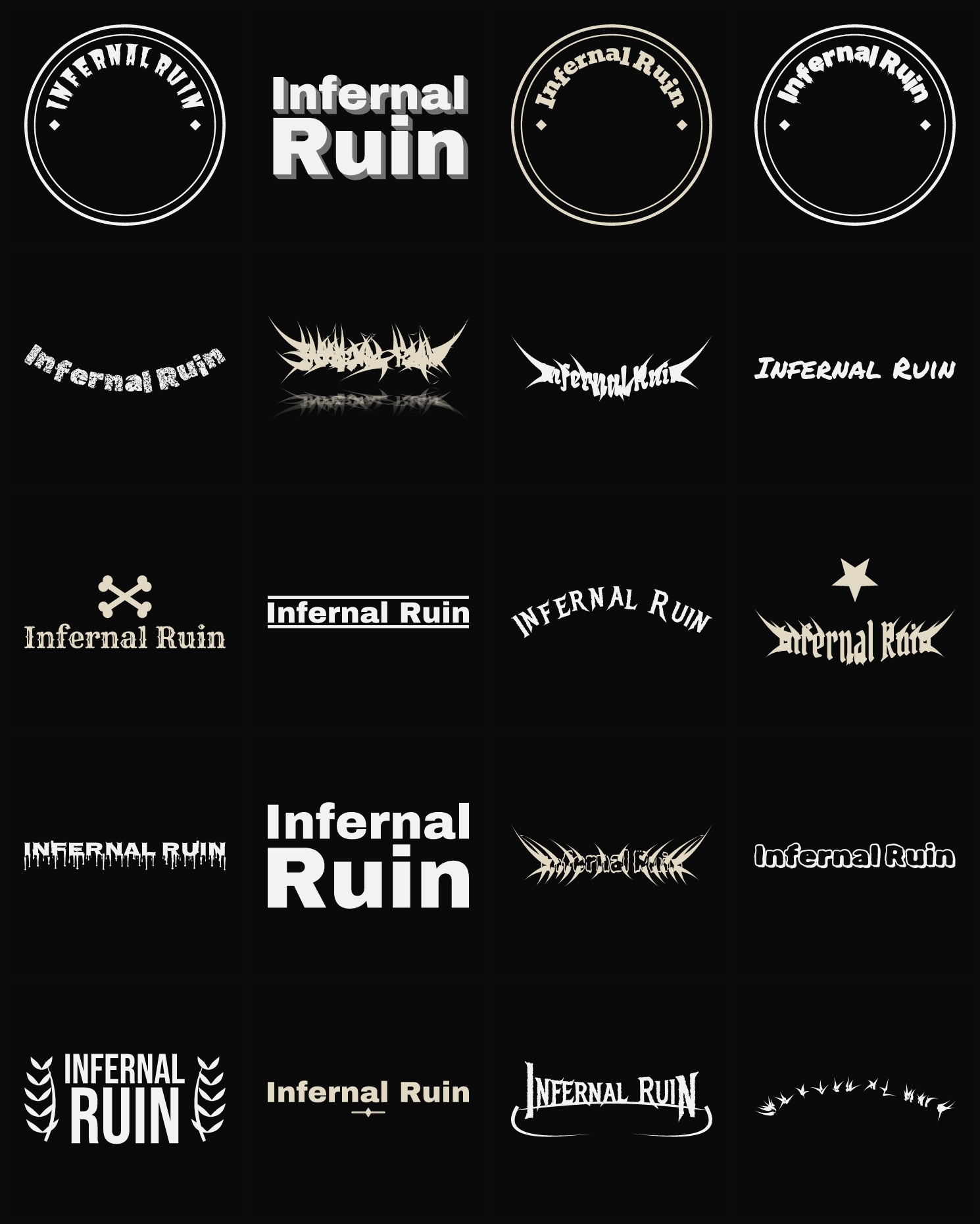 Twenty Infernal Ruin band logo ideas — different faces, treatments and spike settings