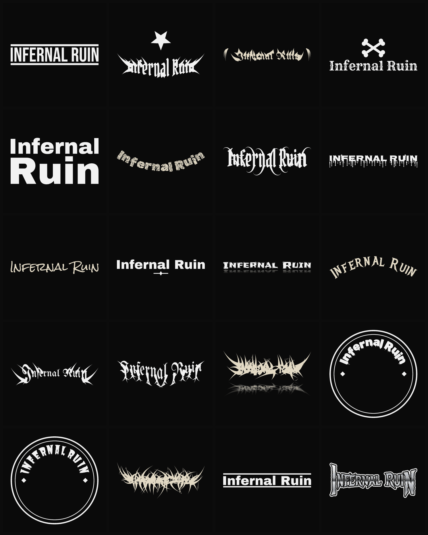 Twenty Infernal Ruin band logo ideas — different faces, treatments and spike settings