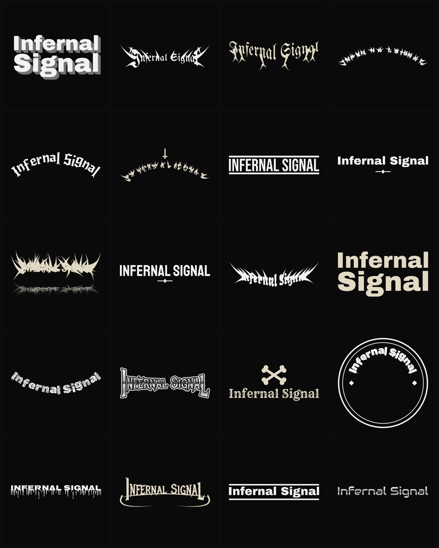 Twenty Infernal Signal band logo ideas — different faces, treatments and spike settings