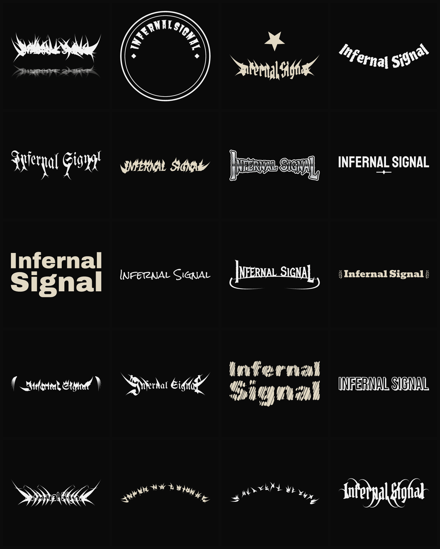 Twenty Infernal Signal band logo ideas — different faces, treatments and spike settings