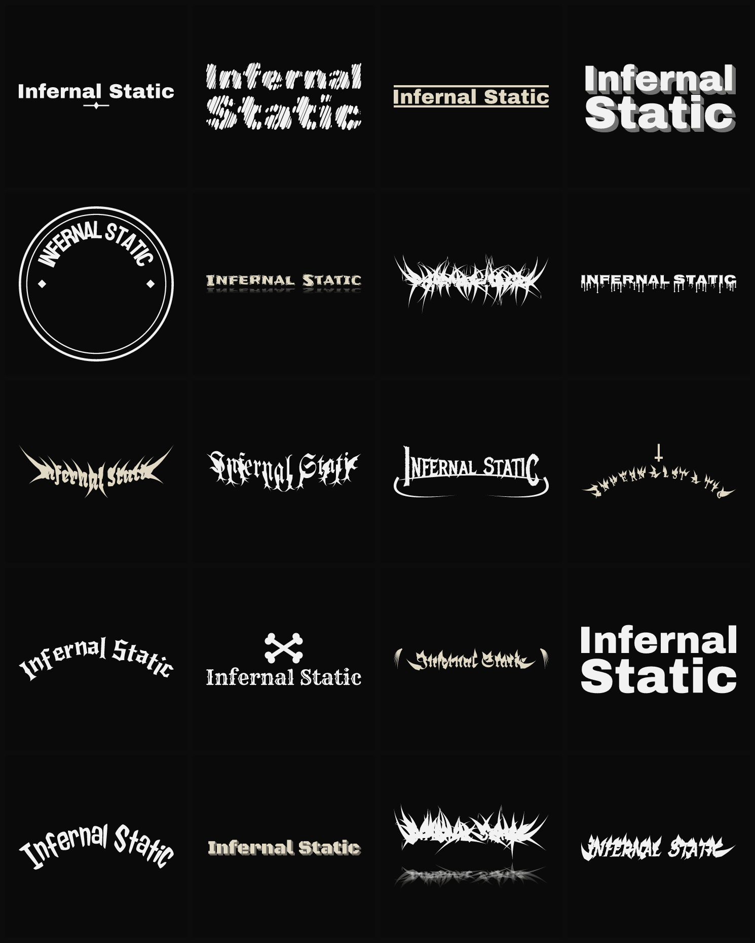 Twenty Infernal Static band logo ideas — different faces, treatments and spike settings