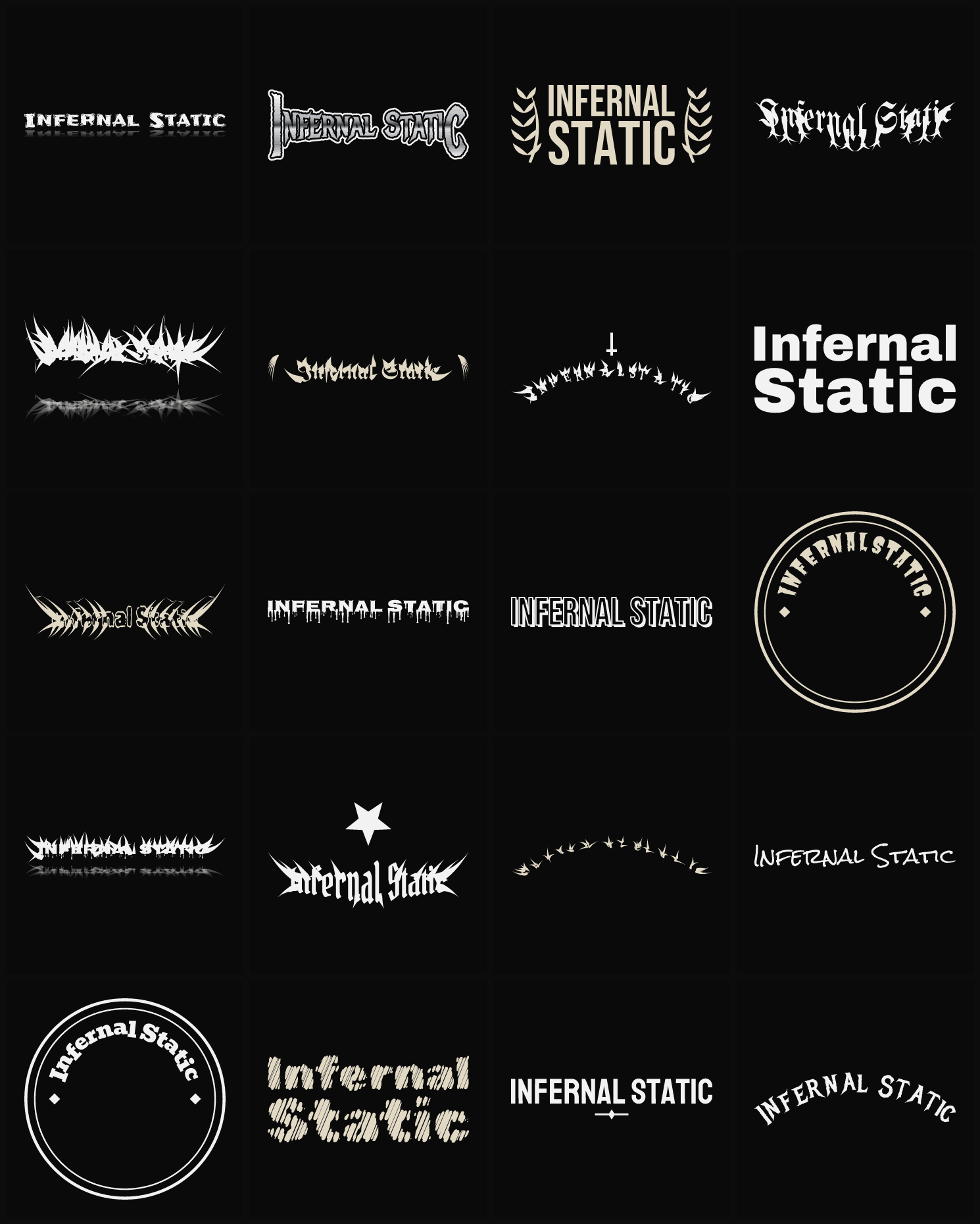 Twenty Infernal Static band logo ideas — different faces, treatments and spike settings